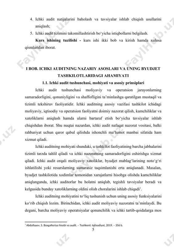 ni yanada aniqroq tushuntirish uchun misollar keltirish mumkin. masalan, sog‘liqni saqlash sohasidagi davlat tashkilotida dori-darmonlar xaridi bo‘yicha ichki audit amalga oshiriladi. auditorlar buyurtma va hisob-kitoblarni tekshiradi, byudjet mablag‘larining samarali ishlatilishini tahlil qiladi va keraksiz xarajatlarni aniqlaydi. shu orqali nafaqat byudjet mablag‘lari tejalgani, balki xodimlar va rahbariyat uchun moliyaviy jarayonlar shaffof bo‘lganligi ham ta’minlanadi. shu kabi misollar ta’kidlaydiki, ichki audit nafaqat moliyaviy nazorat, balki tashkilotning umumiy samaradorligini oshirish mexanizmi sifatida ishlaydi. ichki audit tushunchasi va mohiyatini yanada kengroq tushuntirish uchun u xalqaro standartlar bilan bog‘liq ekanligini ham e’tiborga olish lozim. masalan, xalqaro ichki auditorlar instituti (iia) standartlariga muvofiq, ichki audit mustaqil, tizimli, shaffof va ob’ektiv bo‘lishi shart. bu esa auditorlarga tashkilotdagi barcha jarayonlarni tekshirish va xatoliklarni aniqlashda ishonchli mexanizm yaratadi. shu tarzda, ichki auditning mohiyati nafaqat milliy qonunchilik asosida, balki xalqaro standartlarga mos ravishda ham amalga oshiriladi[footnoteref:2]. [2: abdurahmonov, q. davlat moliyasi: nazariya va amaliyot. – toshkent: universitet, 2021. – 412 …