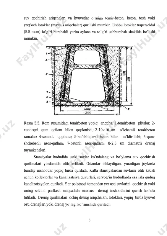 ini ildiz tizimi quyuq tarqaladigan kо’p yillik о’t ekishdan iborat. kamdan-kam suv bosadigan joylarda о’t ekish tо’liq yoki kataksimon qilib bajarilishi mumkin. qulay iqlimiy sharoitlarda suv ta’siriga qarshi butasimon daraxtlar bilan kо’kalamlashtirish yaxshi natija beradi. kо’p suv bosadigan joylarda yer polotnosi yon bag’rini tosh 7 terib mahkamlash mumkin. ayrim holatlarda tosh bilan tо’ldirilgan simli yashiklar ham yotqiziladi. bu ishlarning hammasi katta sarf-xarajatlar bilan bog’liq bо’ladi. yon bag’irlarni mustahkamlashning eng sinalgan pishiq va tо’la mexanizatsiya qо’llab qurish mumkin bо’lgan usuli bu temir-beton plitalar yotqizish hisoblanadi. yer polotnosini mustahkamlash qurilmalari turi grunt tarkibi, suv oqimi hajmi, kuchi va mahalliy materiallar mavjudligi va ishlarni mexanizatsiyalash imkoniyatiga qarab tanlanadi. katta qiyalik, tog’lik joylarda yoki chidamliligi bо’sh bо’lgan yer polotnosi yon bag’irlarini mustahkamlashda tirgak devorlar (podpornaya stena), kontrfors va boshqa inshootlar individual loyihalar asosida qurilishi mumkin. rasm. 5.7. yо’lning qiyshayib ketishi a) ballast tog’oralari 8 b) ballast tokchasi. v) ballast qoplari g) noteikisliklar d) о’pirilish. …
