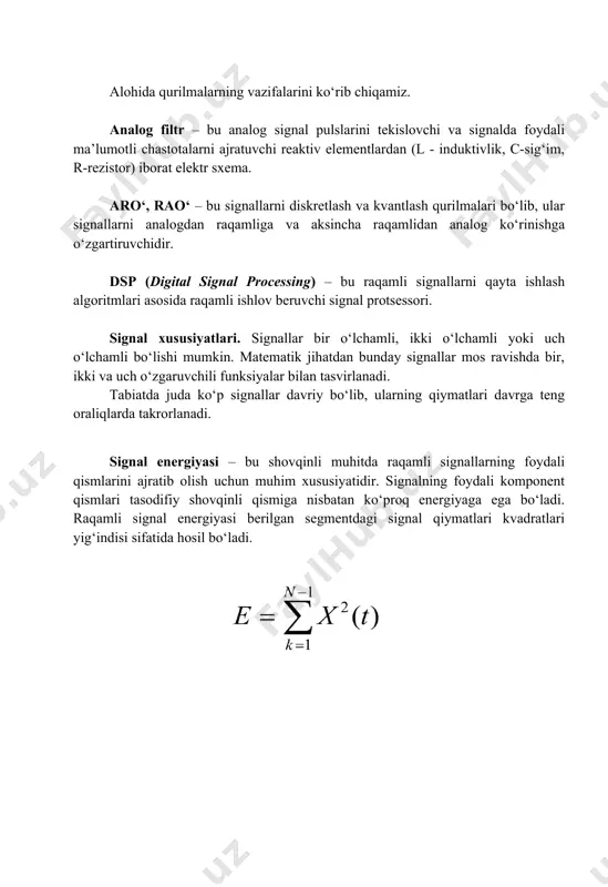 nal va uning fourier transformasi ko'rsatilgan: vaqt domeni: | a | /\ | / \ | / \ |____/ ______ \______ vaqt chastota domeni: | | * | * a | * * * * * |_____________ chastota tasodifiy signalni simulyatsiya qilish python yordamida tasodifiy signal yaratish va uni grafikda aks ettirish mumkin: import numpy as np import matplotlib.pyplot as plt # tasodifiy signal yaratamiz np.random.seed(0) n_samples = 1000 signal = np.random.normal(0, 1, n_samples) # grafikda chizish plt.figure(figsize=(10,5)) plt.plot(signal) plt.title("tasodifiy signal") plt.xlabel("namuna indeksi") plt.ylabel("signal qiymati") plt.grid(true) plt.show() qo'llanishi tasodifiy signallarni qayta ishlash telekommunikatsiyalar, audio va video signallarini qayta ishlash, moliya sohasidagi risklarni baholash kabi ko'plab sohalarda keng qo'llaniladi. tasodifiy signallarga ishlov berishda ushbu prinsiplar va metodlardan foydalanish orqali tizimlarning samaradorligini oshirish mumkin bo'ladi. xulosa tasodifiy signallarni analizi va qayta ishlashi hisoblash nazariyasi asoslariga tayangan holda amalga oshiriladi. ular muhandislik sohalarida keng qo'llaniladi va turli xil amaliy muammolarni hal qilishda foydalidir. …