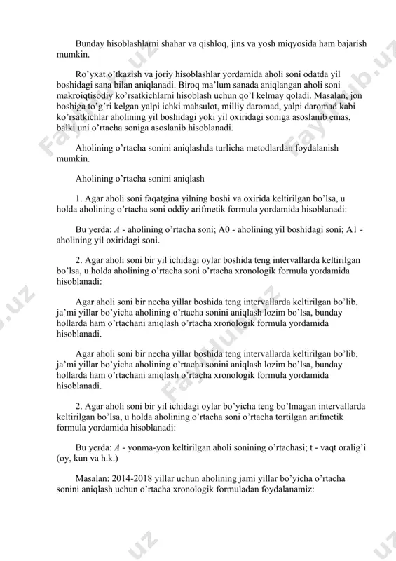 ing jami yillar bo’yicha o’rtacha sonini aniqlash uchun o’rtacha xronologik formuladan foydalanamiz: masalan: 2014-2018 yillar uchun aholining jami yillar bo’yicha o’rtacha sonini aniqlash uchun o’rtacha xronologik formuladan foydalanamiz: ā = (½*2352,9 + 2371,3 + 2393,2 + 2424,1 + ½*2464,9)/5-1= = (1176,45 + 7187,6 + 1232,45)/4 = = 9596,5/4 = 2399,125 demak, toshkent shahrida 2014-2018 yillar uchun aholining jami yillar bo’yicha o’rtacha soni o’rtacha xronologik formula yordamida hisoblanganda 2399,125 ming kishiga teng bo’ldi, ya’ni 2 399 125 kishi. 2. aholi harakati statistikasi aholining harakati ko’rsatkichlari mazmunan bir-biridan farq qiluvchi ikki guruh ko’rsatkichlarini o’z ichiga oladi: o’zbekiston aholisi tez sur’atlar bilan o’suvchi mamlakatlar qatoriga kiradi. bunga quyidagi omillar katta rol o’ynab keldi: aholining jinsiy nisbati va yosh tarkibida mavjud bo’lgan ustunlik; bu omil nikohlanish uchun qulay sharoit yaratadi, umumiy aholi tarkibida aholini takror barpo qilishda ishtirok etuvchilar salmog’ini oshiradi; nikohlanish darajasining sobiq umumittifoq o’rtacha ko’rsatkichlardan yuqori bo’lishi uylanmagan va turmushga chiqmagan shaxslar …