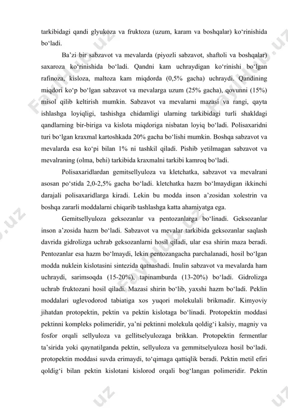 y va fosfor orqali sellyuloza va gellitselyulozaga brikkan. protopektin fermentlar ta’sirida yoki qaynatilganda pektin, sellyuloza va gemmitselyuloza hosil bo‘ladi. protopektin moddasi suvda erimaydi, to‘qimaga qattiqlik beradi. pektin metil efiri qoldig‘i bilan pektin kislotani kislorod orqali bog‘langan polimeridir. pektin mahsulolarni quyulturuvchi xususiyatiga ega. pektinni g‘uyulturuvchi xususiyatiqand va kislotani konsentratsiyasiga va muhiti rn ga bog‘liqdir. pektinnni quyultirish uchun kerak bo‘lgan moddalarning optimal miqdori (% da): qand-60, kislota-1, pektin-0,5-1,5; rn-3,1-3,5 bo‘lishi kerak. toza holda ajratib olingan poroshok yoki konsentrat holdagi pektinni ko‘pgina qandli qandolat mahsulotlarini (djem, varenye, povidlo, marmelad, pastila va boshqalar) quyultirishga ishlatiladi. sabzavot va mevalarani qaynatilganda protopektin pektinga aylanadi va ularni yumshatadi. karamni tuzlaganda pektin moddasi kalsiy ionini biriktirib olishi natijasida tayyor mahsulot qirsildoq bo‘ladi. organik kislotalar. organik kislotalar sabzavot va mevalrani hujayrasida bog‘liq yoki erkin holda bo‘lishi mumkin. erkin holdagi kislotalar sabzavot va mevalarga maza beradi. eng ko‘p tarqalgan organik kislotalardan olma, limon va vino (uzum) kislotalarini keltirish mumkin. organik …