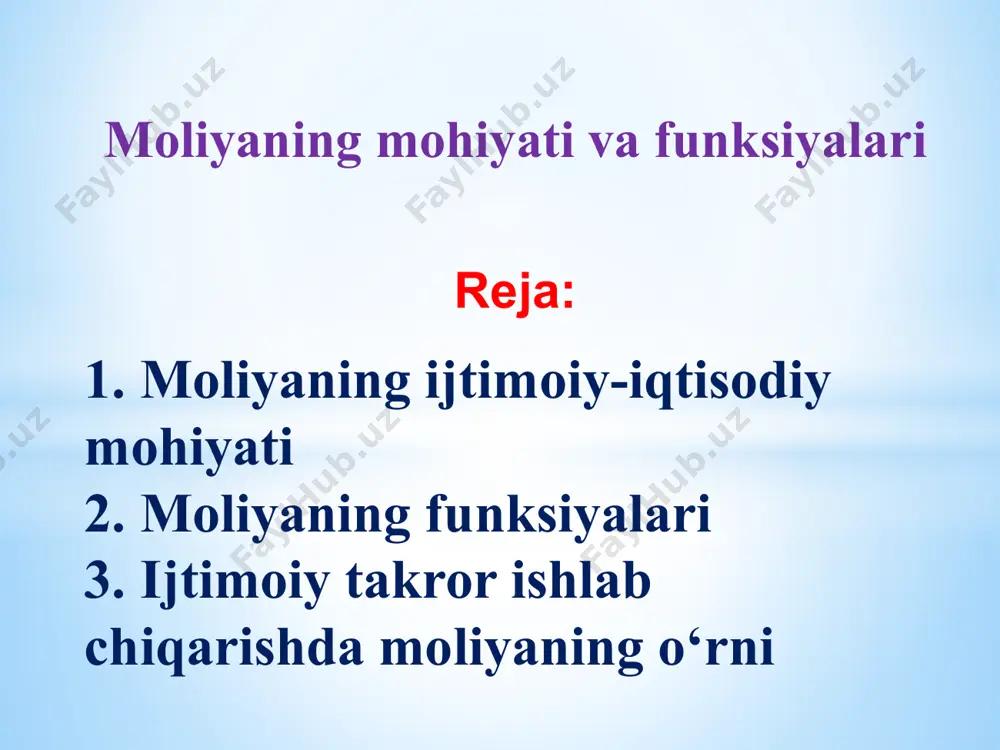 tarixiy kategoriya sifatida ham moliyaning vujudga kelishi jamiyatning sinflarga bo‘linishi va davlatning paydo bo‘lishi bilan bog‘liq. kengaytirilgan takror ishlab chiqarish uchun sharoitlarni ta’minlash hamda davlatning funksiyalari va vazifalarini bajarish maqsadida markazlashtirilgan va markazlashtirilmagan pul mablag‘lari fondlarini shakllantirish, taqsimlash va foydalanish bilan bog‘liq bo‘lgan iqtisodiy (moliyaviy) munosabatlarga moliya deyiladi. moliyaviy munosabatlarning farqlanuvchi xarakterli belgisi shundan iboratki, yaimni qayta taqsimlash jarayoni oldindan ma’lum maqsadlarga mo‘ljallangan turli pul mablag‘lari fondlarini yaratish bilan kuzatiladi. davlat va mahalliy o‘z-o‘zini boshqarish organlari darajasida tuziladigan pul mablag‘lari fondlari markazlashtirilgan fondlar, xo‘jalik subektlari darajasida tuzilgan pul fondlari esa markazlashtirilmagan pul fondlari deyiladi. xo‘jalik subektlarining turli faoliyatlaridan olingan daromadlar hisobidan maxsus pul mablag‘lari fondlari shakllantiriladi. ularni shakllantirish qattiq ravishda reglamentatsiya qilinish (tartibga solinish) xarakteriga egaki, bu narsa moliyaviy munosabatlarning yana bir farqlanuvchi xarakterli belgiga ega ekanligini ko‘rsatadi. yaimni taqsimlashda aholi ham ishtirok etib, ish haqi, tadbirkorlik (ishbilarmonlik) daromadi, dividentlar va qayta taqsimlashning boshqa shakllari ko‘rinishidagi o‘z hissalarini (ulushini) oladi. …