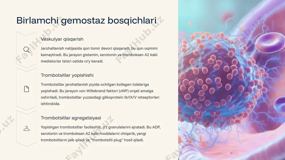 (pt) - tashqi yo'lni tekshiradi aktivatsiyalangan qisman tromboplastin vaqti (aptt) - ichki yo'lni tekshiradi trombin vaqti (tt) - fibrinogenning fibringa aylanishini tekshiradi fibrinogen miqdori - plazmadagi fibrinogen konsentratsiyasini o'lchaydi trombotsitlar tahlili trombotsitlar soni - qondagi trombotsitlar miqdori trombotsitlar agregatsiyasi - trombotsitlar funksiyasini baholash trombotsit faktori-4 miqdori - trombotsitlarning faollik darajasi fibrinoliz testlari d-dimer testi - fibrin parchalanishining maxsus markeri fibrin parchalanish mahsulotlari (fdp) - umumiy fibrinoliz ko'rsatkichi plazminogen va plazmin miqdori - fibrinoliz potentsiali pai-1 aktivligi - fibrinoliz inhibitsiyasi darajasi global gemostaz testlari tromboelastografiya (teg) va rotem usullari qon ivish va fibrinoliz jarayonlarini kompleks baholash imkonini beradi. gemostaz va fibrinolizni laboratoriya mashg'uloti qon namunalarini to'g'ri yig'ish natriyli sitrat (3,2%) tutuvchi probirkalar qon ivish testlari uchun ishlatiladi. qon va antikoagulyant nisbati 9:1 bo'lishi kerak. namunalarni ehtiyotkorlik bilan aralashtirish va 2 soat ichida tekshirish tavsiya etiladi. laboratoriya uskunalaridan foydalanish koagulometr va tromboelastograf bilan ishlash qoidalari. kalibrlash va nazorat namunalarini tekshirish muhimligi. uskunalarning …