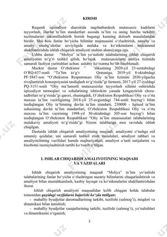 ritib, unda har kuni bajargan ishlarining qisqacha mazmunini yoritib borishi lozim. har bir ish kunining oxirida amaliyot joyidagi rahbar talabaning kundalik daftariga o‘z imzosini qo‘yish orqali tasdiqlaydi. “moliya” bakalavriat ta’lim yo‘nalishida amaliyot o‘tash uchun ajratilgan vaqt mavzular bo‘yicha quyidagicha taqsimlanadi (1-jadval): 1-jadval amaliyot mavzulari va ularning amaliyot kunlari bo‘yicha taqsimoti № mavzular ish kunlari soni 1. viloyat (tuman, shahar) byudjeti daromadlari tarkibi, tuzilishi, miqdori va dinamikasini o‘rganish 2. viloyat (tuman, shahar) byudjeti xarajatlari tarkibi, tuzilishi, miqdori va dinamikasini o‘rganish 3. viloyat (tuman, shahar) byudjeti va yuqori turuvchi byudjet o‘rtasidagi byudjetlararo munosabatlarni o‘rganish 4. mahalliy byudjetlarni tuzish, ko‘rib chiqish va tasdiqlash tartibini o‘rganish 5. mahalliy byudjetlardan fuqarolar tashabbuslari asosida shakllantirilgan loyihalarni moliyalashtirish tartibini o‘rganish 6. elektron savdolar asosida amalga oshiriladigan davlat xaridlarini viloyat (tuman, shahar) byudjetidan moliyalashtirish tartibini o‘rganish 7. eng yaxshi taklifni tanlash va tender savdolari asosida amalga oshiriladigan davlat xaridlarini viloyat (tuman, shahar) byudjetidan moliyalashtirish tartibini o‘rganish 8. to‘g‘ridan-to‘g‘ri …