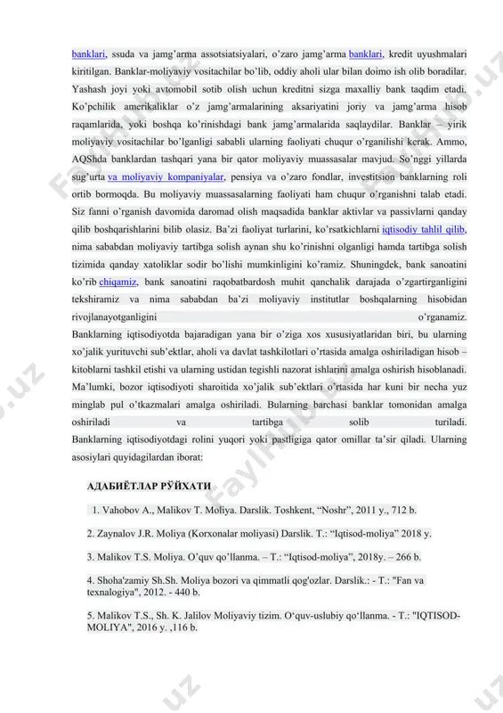 sh maqsadida banklar aktivlar va passivlarni qanday qilib boshqarishlarini bilib olasiz. ba’zi faoliyat turlarini, ko’rsatkichlarni iqtisodiy tahlil qilib, nima sababdan moliyaviy tartibga solish aynan shu ko’rinishni olganligi hamda tartibga solish tizimida qanday xatoliklar sodir bo’lishi mumkinligini ko’ramiz. shuningdek, bank sanoatini ko’rib chiqamiz, bank sanoatini raqobatbardosh muhit qanchalik darajada o’zgartirganligini tekshiramiz va nima sababdan ba’zi moliyaviy institutlar boshqalarning hisobidan rivojlanayotganligini o’rganamiz. banklarning iqtisodiyotda bajaradigan yana bir o’ziga xos xususiyatlaridan biri, bu ularning xo’jalik yurituvchi sub’ektlar, aholi va davlat tashkilotlari o’rtasida amalga oshiriladigan hisob – kitoblarni tashkil etishi va ularning ustidan tegishli nazorat ishlarini amalga oshirish hisoblanadi. ma’lumki, bozor iqtisodiyoti sharoitida xo’jalik sub’ektlari o’rtasida har kuni bir necha yuz minglab pul o’tkazmalari amalga oshiriladi. bularning barchasi banklar tomonidan amalga oshiriladi va tartibga solib turiladi. banklarning iqtisodiyotdagi rolini yuqori yoki pastligiga qator omillar ta’sir qiladi. ularning asosiylari quyidagilardan iborat: адабиётлар рўйхати 1. vahobov a., malikov t. moliya. darslik. toshkent, “noshr”, 2011 y., 712 …