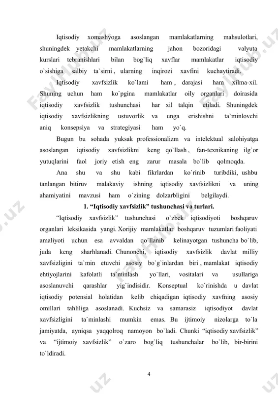 ovchi muhitga o`xshash muhitni tashkil etuvchilar yotadi. rivojlanishsiz iqtisodiy taraqqiyot bo`lishi mumkin emas. barqarorlik- bu , jamiyatning favqulotda holatlarda hamda o`z manfaatlarini qondirish qobiliyati, vaziyatini tiklash imkoniyatidir. “iqtisodiy xavfsizlik” tushunchasi ilk bor resurslarni chegaralanganligi to`g`risidagi masala keskinlashgan bir paytda yuzaga keladi. “iqtisodiy xavfsizlik” tushunchasining ta`riflari ko`p. ularni umumlashtirgan holda oladigan bo`lsak, iqtisodiy xavfsizlik – bu, davlat iqtisodiy tizimiga ta`sir qiluvchi va uning eng kam chiqim bilan, bosqichma-bosqich barqaror rivojlanishi, shu asosida jamiyatning potensial imkoniyatlarini har tomonlama amalga oshirish uchun, milliy manfaatlar eng ko`p ifodalanishiga imkon beruvchi ( ichki va tashqi) shart va omillar yig`indisi, shuningdek, davlatning turli xil xavflari va yo`qotishlariga qarshi turish qobiliyatidir. demak , tashqi iqtisodiy aloqalar murosasiz tus olayotgan vaziyatda, iqtisodiy xavfsizlikka dahl qiluvchi mamlakatning milliy manfaatlariga zarar yetkazishi mumkin bo`lgan omil va sharoitlar kiradi. ular ikkiga - tashqi va ichki xavflar bo`linadi. o`zbekiston uchun tashqi xavflarga quyidagilar kiradi: - uning xorijiy bozorlarga chiqishiga, xalqaro moliya iqtisodiy …