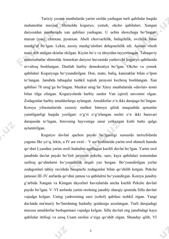 angan. kurs ishining maqsad va vazifalari: koreya ilk o’rta asrlarda haqidagi ma’lumotlarni umumlashtirish va qisqacha tavsiflash. zamonaviy koreya hududida ilk inson ajdodlarining paydo bo'lishi. qadimgi chosonning tashkil topishi, qadimgi chosonning asosiy xususiyatlari.uch podsholik davri,uch podsholikning iqtisodiy va ijtimoiy - siyosiy tavsifi haqidagi ma’lumotlarni umumlashtirish va qisqacha tavsiflash kurs ishi ob’yekti va predmeti: ilk o’rta asrlarda koreya. qadimgi chosonning tashkil topishi. uch podsholik davri,uch podsholikning iqtisodiy va ijtimoiy - siyosiy tavsifi. kurs ishning tadqiqot uslubi va uslubiyoti: ilmiy ommabop manbalardan to’plangan ma’lumotlar tahlil qilib,xulosa va takliflar qilish. kurs ishi tuzilishi: bajarilgan kurs ishi kirish qismi, ikkita bob va qilingan xulosalardan iborat. ishda o’rganilishi e’tiborga olingan ma’lumotlar tushunarli ravishda ifodalash uchun chizma jadvallar va rasmlar berildi.ishga qo’yilgan maqsadga erishishi uchun to’plangan adabiyotlar manbalarning nomlari va elektron manzillari keltirildi. i bob. qadimgi davrda koreya hududi 1.1. zamonaviy koreya hududida ilk inson ajdodlarining paydo bo'lishi zamonaviy koreya hududida ilk inson ajdodlarining paydo bo'lishi quyi …
