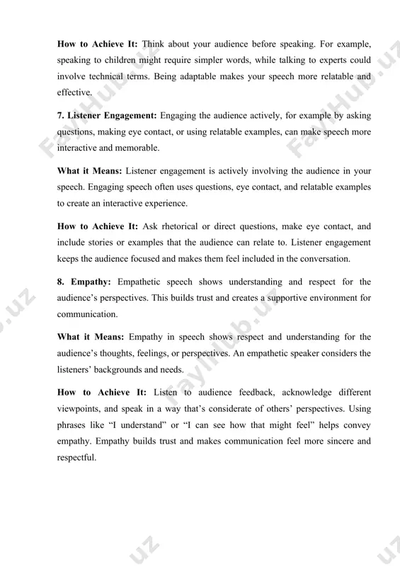 more sincere and respectful. examples 1. clarity example: instead of saying, “the software’s ux integration yields suboptimal results,” a clear way to communicate this might be, “the software’s design makes it hard for users to navigate.” explanation: this avoids complex terminology and uses simple words that the audience can easily understand. 2. coherence example: when explaining how to bake a cake, a coherent structure would be, “first, gather your ingredients. then, mix the flour, sugar, and eggs. after that, preheat the oven, and finally, bake for 30 minutes.” explanation: the ideas follow a logical order, helping the listener understand each step without confusion. 3. conciseness example: instead of saying, “in order to begin the process, the first thing you need to do is to open the application on your computer,” a concise version would be, “first, open the app.” explanation: this removes unnecessary words and focuses directly on the main …