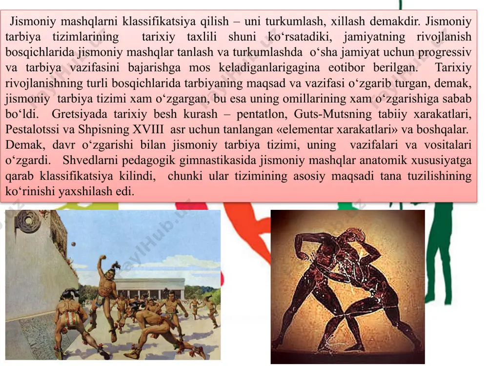 hiqib, maktab yoshidagilarda jismoniy tarbiyani amalga oshirish uchun mo‘ljal-ladi va quyidagicha asosiy guruxlarga bo‘ldi: 1. sodda mashqlar. 2. murakkab mashqlar yoki yuklamaning ortishi bilan bajari-ladigan mashqlar. 3. fazodagi xolatiga yoki muskul ishining bajarilish vaqtiga ko‘ra bajariladigan mashqlar. 4. texnik jixatdan qiyin, tizimli ravishda bajariladigan mashqlar. mashqlarning turkumlanishi ko‘rsatib turibdiki, p.f. lesgaft klassifikatsiyasi didaktik prinsiplarga yo‘naltirilgan. lekin bu xam jismoniy tarbiya tarixiy omillarini to‘laqonli o‘z tarkibiga sidira olmagan. xozirgacha to‘liq ilmiy asoslangan jismoniy mashqlar klassifikatsiyasi mavjud emas. sobiq sovet jismoniy tarbiya tizimi xam bu vazifani uddalamadi. tarixan jismoniy mashqlar – o‘yinlar tarzidagi, gimnastika ko‘rinishidagi, sport va turizm mashqlariga turkumlangan edi. o‘yinlar, gimnastika, sport, turizm jismoniy tarbiya tizimining asosiy omillari sifatida tan olinib kelingan va xozirgi kunda xam mashqlar klassifikatsiyasi tarkibida o‘z axamiyatini yo‘qotgani yo‘q. ko‘pchilik olimlarning fikriga qarama-qarshi ularoq, xar doim o‘zgarishda. tarixiy qabul qilingan jismoniy mashqlar turkumi davr o‘tishi bilan o‘z o‘rnini o‘zidan progressiv bo‘lganlarga bo‘shatib bermoqda yoki o‘sha mashqlar …