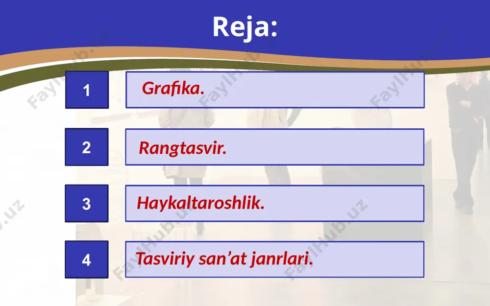 o‘zi fransuzcha so‘z bo‘lib, «tur» yoki «ko‘rinish» ma’nosini anglatadi. tasviriy san’at janrlari ularning turlariga ham bog‘liq. rangtasvir va grafika asarlari quyidagi asosiy janrlarda yaratiladi: portret 1. portret. 2. naturmort. 3. manzara. 4. maishiy. 5. tarixiy. 6. batal. 7. animalistik. 8. marinistik. naturmort manzara tarixiy batal animalistik marinistik image2.jpg image3.png image4.png image5.jpg image6.jpeg image7.jpeg image8.jpeg image9.jpeg image10.jpeg image11.jpeg image12.jpeg image13.jpeg image14.jpeg image15.jpeg image16.jpeg image17.jpeg image18.jpeg image19.jpeg image20.jpeg image21.jpeg image22.jpeg image23.jpeg image24.jpeg image25.jpeg image26.png image27.jpeg image28.jpeg image29.png image30.jpeg image31.jpeg image32.jpeg image1.jpg