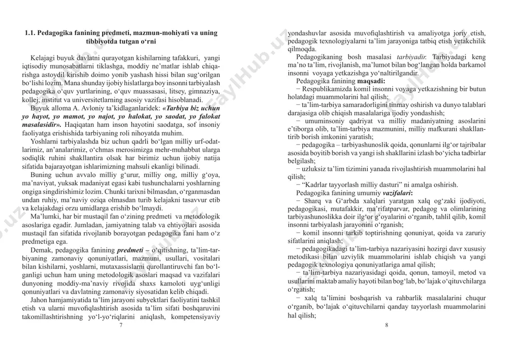 ning predmeti, mazmun-mohiyati va uning tibbiyotda tutgan o‘rni kelajagi buyuk davlatni qurayotgan kishilarning tafakkuri, yangi iqtisodiy munosabatlarni tiklashga, moddiy ne’matlar ishlab chiqa- rishga astoydil kirishib doimo yonib yashash hissi bilan sug‘o rilgan bo‘lishi lozim. mana shunday ijobiy hislatlarga boy insonni tarbiyalash pedagogika o‘quv yurtlarining, o‘quv muassasasi, litsey, gimnaziya, kollej, institut va universitetlarning asosiy vazifasi hisoblanadi. buyuk alloma a. avloniy ta’kidlaganlaridek: «tarbiya biz uchun yo hayot, yo mamot, yo najot, yo halokat, yo saodat, yo falokat masalasidir». haqiqatan ham inson hayotini saodatga, sof insoniy faoliyatga erishishida tarbiyaning roli nihoyatda muhim. yoshlarni tarbiyalashda biz uchun qadrli bo‘lgan milliy urf-odat- larimiz, an’analarimiz, o‘chmas merosimizga mehr-muhabbat ularga sodiqlik ruhini shakllantira olsak har birimiz uchun ijobiy natija sifatida bajarayotgan ishlarimizning mahsuli ekanligi bilinadi. buning uchun avvalo milliy g‘urur, milliy ong, milliy g‘oya, ma’naviyat, yuksak madaniyat egasi kabi tushunchalarni yoshlarning ongiga singdirishimiz lozim. chunki tarixni bilmasdan, o‘rganmasdan undan ruhiy, ma’naviy oziqa olmasdan turib kelajakni tasavvur etib …