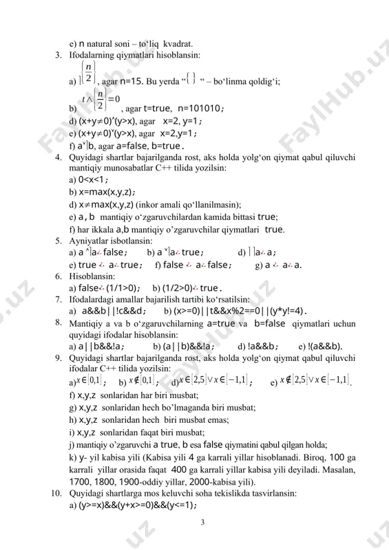 tugaydigan musbat butun sonlar ketma-ketligi berilgan (0 soni ketma-ketlikka kirmaydi va uning tugaganligini bildiradi). ketma-ketlikning o‘rta geometrik qiymati hisoblansin. 9. haqiqiy x,y va z sonlari berilgan bo‘lib, x 1) soni va n ta haqiqiy sonlardan iborat ketma-ketlik berilgan. ketma-ketlik o‘suvchi yoki yo‘qligi aniqlansin. 17. butun n (n>1) soni va n ta haqiqiy sonlardan iborat ketma-ketlik berilgan. ketma- ketlikning manfiy elementlari orasidan eng kattasi topilsin. 18. trapetsiya formulasidan - foydalanib, integrali -aniqlikda hisoblansin. bu yerda c, d va (s 0) berilgan sonlar. zaruriy aniqlikka erishish uchun runge qoidasidan foydalanilsin: agar in integralning taqribiy qiymati va hokazolarda hisoblangan bo‘lib (bu yerda - oraliqni boshlang‘ich bo‘lishlar soni, masalan =10), ular uchun shart bajarilganda, i2n - integralning natijaviy qiymati sifatida olinsin. 19. berilgan 80 ta haqiqiy sonlar orasidan biror butun songa eng yaqinining tartib nomeri topilsin. 20. butun n (n>1) soni va n ta butun sonlardan iborat ketma-ketlik berilgan. ulardan nechtasi eng katta qiymat …
