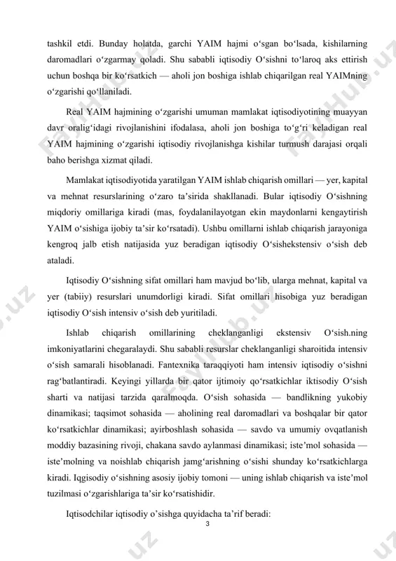 keyingi yillarda bir qator ijtimoiy qoʻrsatkichlar iktisodiy oʻsish sharti va natijasi tarzida qaralmoqda. oʻsish sohasida — bandlikning yukobiy dinamikasi; taqsimot sohasida — aholining real daromadlari va boshqalar bir qator koʻrsatkichlar dinamikasi; ayirboshlash sohasida — savdo va umumiy ovqatlanish moddiy bazasining rivoji, chakana savdo aylanmasi dinamikasi; isteʼmol sohasida — isteʼmolning va noishlab chiqarish jamgʻarishning oʻsishi shunday koʻrsatkichlarga kiradi. iqgisodiy oʻsishning asosiy ijobiy tomoni — uning ishlab chiqarish va isteʼmol tuzilmasi oʻzgarishlariga taʼsir koʻrsatishidir. iqtisodchilar iqtisodiy o’sishga quyidacha ta’rif beradi: • ma’lum yillar mobaynida real yimdagi o’sish. • ma’lum yillar mobaynida real yimning aholi jon boshiga o’sishi. yuqoridagi ta’rifl arni xohlagan biriga murojaat qiladigan bo’lsak, iqtisodiy o’sishning chorak yoki haryilgi foiz stavkasi sifatida hisoblab chiqiladi. ikkinchi ta’rif esa aholi soni hisobga oladi. aholi jon boshiga real yim real yim ni aholi soniga bo’lish orqali aniqlanadi. keyin esa chiqqan natija avvalgi yildagi natija bilan foizlar hisobida taqqoslanadi. o’sish iqtisodiy maqsadni belgilab beradi. umumiy …