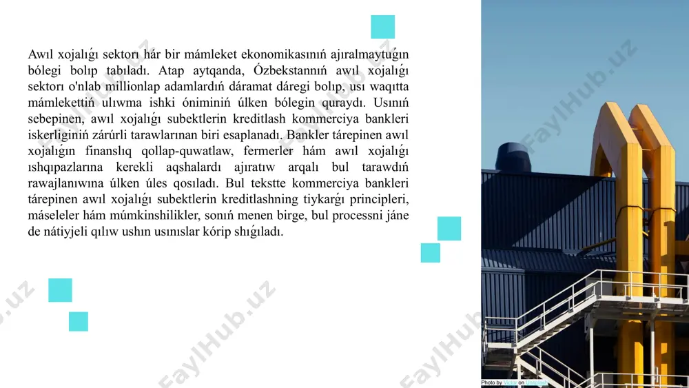 ám tólewler rejesin óz ishine aladı. bankler, ádetde, kredit shártlerinde awıl xojalıǵı subektleriniń ayriqsha mútajliklerine qaray maslasıwshı jantasıwdı támiyinlewge háreket etediler. kredit fermer yamasa awıl xojalıǵı subyekti oǵan tiyisli aqshalardı óziniń mútajlikleri ushın isletedi. aqshalar tiykarlanıp islep shıǵarıw procesin modernizaciyalaw, jańa úskeneler satıp alıw, urıwlıq hám tóginler satıp alıw, awıl xojalıǵı tarmaqların rawajlandırıw ushın qollanıladı. kreditni qaytarıw procesi, ádetde, bank hám qarız alıwshı arasında aldınan kelisim múddetler hám shártler tiykarında ámelge asıriladı. bankler qarız alıwshılardıń tólewlerdi waqıtında ámelge asırıwın baqlasadı. eger kredit alıwda máseleler júzege kelse, bankler qayta dúzilgen shártler yamasa qosımsha járdem usınıw arqalı járdem beriwi múmkin. awıl xojalıǵı subektlerin kreditlash processinde bankler bir qansha máselelerge dus keledi. bul mashqalalardi saplastırıw ushın tómendegi tiykarǵı faktorlardı kórip shıǵıw zárúr. awıl xojalıǵı sektorı tábiyaatan kóplegen finanslıq risklardı óz ishine aladı. mısalı, hawa rayı sharayatları, bazar bahaları ózgeriwi, kesellikler hám basqa tábiyǵiy apatlar islep shıǵarıw hám dáramatlardı sezilerli dárejede kemeytiwi múmkin. bul …