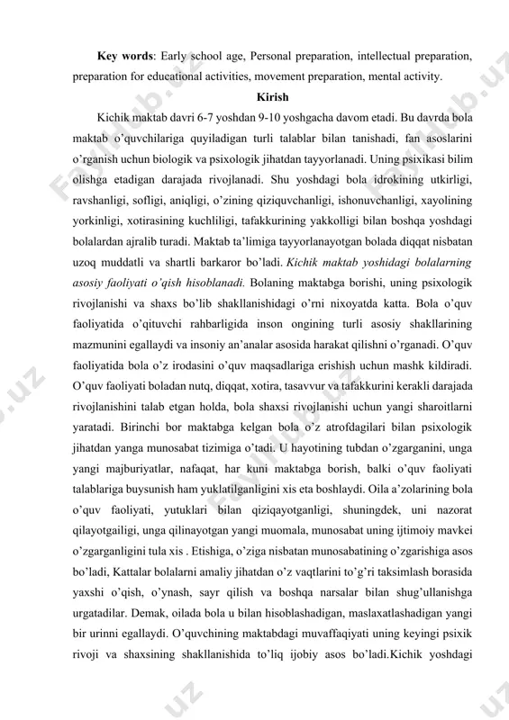 vri 6-7 yoshdan 9-10 yoshgacha davom etadi. bu davrda bola maktab o’quvchilariga quyiladigan turli talablar bilan tanishadi, fan asoslarini o’rganish uchun biologik va psixologik jihatdan tayyorlanadi. uning psixikasi bilim olishga etadigan darajada rivojlanadi. shu yoshdagi bola idrokining utkirligi, ravshanligi, sofligi, aniqligi, o’zining qiziquvchanligi, ishonuvchanligi, xayolining yorkinligi, xotirasining kuchliligi, tafakkurining yakkolligi bilan boshqa yoshdagi bolalardan ajralib turadi. maktab ta’limiga tayyorlanayotgan bolada diqqat nisbatan uzoq muddatli va shartli barkaror bo’ladi. kichik maktab yoshidagi bolalarning asosiy faoliyati o’qish hisoblanadi. bolaning maktabga borishi, uning psixologik rivojlanishi va shaxs bo’lib shakllanishidagi o’rni nixoyatda katta. bola o’quv faoliyatida o’qituvchi rahbarligida inson ongining turli asosiy shakllarining mazmunini egallaydi va insoniy an’analar asosida harakat qilishni o’rganadi. o’quv faoliyatida bola o’z irodasini o’quv maqsadlariga erishish uchun mashk kildiradi. o’quv faoliyati boladan nutq, diqqat, xotira, tasavvur va tafakkurini kerakli darajada rivojlanishini talab etgan holda, bola shaxsi rivojlanishi uchun yangi sharoitlarni yaratadi. birinchi bor maktabga kelgan bola o’z atrofdagilari bilan psixologik …
