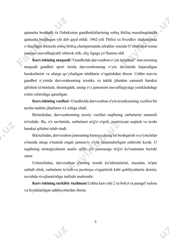 a, darvozabonning vazifalariga himoya chizig‘ini boshqarish va jamoadoshlariga kerakli yo‘nalishni ko‘rsatish ham kiradi. u o‘yinni kuzatib, himoya chizig‘idagi bo‘shliqlarni ko‘radi va ularni to‘ldirish uchun o‘z jamoasini tashkil qiladi.psixologik jihatdan, darvozabon jamoaning ruhiy tayanchidir. o‘yin davomida darvozabonning ishonchli harakati jamoaning boshqa a’zolariga motivatsiya beradi va ularning ruhiyatiga ijobiy ta’sir ko‘rsatadi. darvozabonning qiyin vaziyatlarda o‘zini tuta bilishi, stressga chidamliligi va o‘z ishiga ishonchi o‘yin natijasiga sezilarli ta’sir qiladi. shu sababli, darvozabon o‘yin davomida nafaqat jismonan, balki ruhiy jihatdan ham tayyor bo‘lishi kerak. gandbol o‘yinida darvozabonning joylashuvi va harakatlari o‘ta muhimdir. u doimo o‘z darvozasi oldida tayyor holatda bo‘lishi, to‘pning harakatiga qarab pozitsiyasini o‘zgartirishi kerak. darvozabon har doim hujumchilarni kuzatib, to‘pning yo‘nalishini aniqlab, unga qarshi o‘z harakatini moslashtiradi. bunda darvozabonning tana vaznini to‘g‘ri taqsimlashi, muvozanatini saqlashi va zarur hollarda tezkorlik bilan joylashuvi katta rol o‘ynaydi. darvozabonning jismoniy tayyorgarligi gandbol o‘yinida alohida ahamiyatga ega. unga yuqori darajadagi chidamlilik, tezlik, moslashuvchanlik va kuch zarur. har …