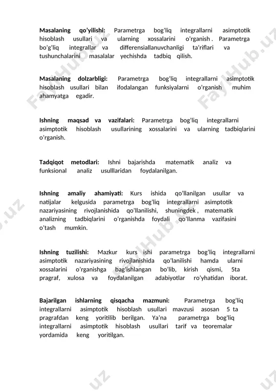 qsadimiz mana shu intilish tartibini baholashdan iborat. laplas usuli quyidagi g’oyaga asoslangan: (2) integralga asosiy qiymatni x=0 nuqtaning istalgancha kichik atrofi bo’yicha olingan integral beradi va bu atrofda esa , integral asimptotikasini, funksiyani uning teylor qatori bilan almashtirib, topish mumkin. masalan, bo’lsa, (4) ya’ni integral parametr kvadrat ildiziga teskari proporsional ravishda nolga intiladi. xuddi shu natijani r to’g’ri chiziq bo’yicha emas, olamiz; integralni bunday almashtirishdagi xato eksponensial kichik bo’ladi. laplas usulini qo’llash uchun (2) integral ostidagi funksiyadan faqat koordinatalar boshining biror atrofidagina silliqlik talab qilinadi, boshqa nuqtalarda esa, funksiya ixtiyoriy lokal integrallanuvchi bo’lib, (3) shartni qanoatlantirishi yetarli. biz (2) integralga asosiy qiymatni x=0 nuqtaning istalgancha kichik atrofi berishi haqidagi sodda tasdiqni isbotlashdan boshlaymiz. 1-tasdiq. faraz qilaylik, f funksiya (3) shartni qanoatlantirsin. u holda istalgan uchun (2) integral (5) bahoni qanoatlantiradi. isbot. quydagi belgilashlarni kiritaylik: u holda, (6) masalan, integralni baholaylik. ravshanki, lar uchun baho o’rinli. shuning uchun, (3) shartga ko’ra, …