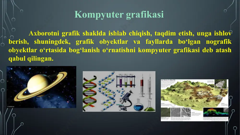 i ilovalar (uskunalar paneli) slayd rejim va masshtabni o’zgartirish holat satri yangi taqdimot yaratish 1. powerpoint dasturida файл menyusini oching va создать tugmasini bosing. 2. новая презентация buyrug’ini tanlang, so’ngra создать tugmasini bosing. 3. klaviaturadagi ctrl+n tugmalar juftligi ham yangi taqdimot yaratishda qo’llaniladi. dasturning ish rejimlari (tartibi) taqdimot ustida ishlash va uni namoyish etish usullari dastur ishlash rejimlari hisoblanadi. dastur quyidagi rejimlarda ishlaydi: oddiy (обычный); slaydlarni saralash (сортировшик слайдов); namoyish (слайд-шоу). o’qish (режим чтения) тошкент алока касб хунар коллежи tartibni o’zgartirish power point oynasi o’ng past burchagidagi mos tugmalar orqali amalgas oshiriladi. 24 в этом слайде использован автомакет с двумя колонками текста. текст введен в обе колонки. рисунки созданы с помощью инструментов ввода текста и рисования powerpoint. луч увеличения представляет собой многоугольник, нарисованный инструментом полилиния. в окне настройка анимации установлено автоматическое появление его через несколько секунд после отображения слайда. на этом слайде присутствует первая кнопка получения дополнительных сведений. она тоже …