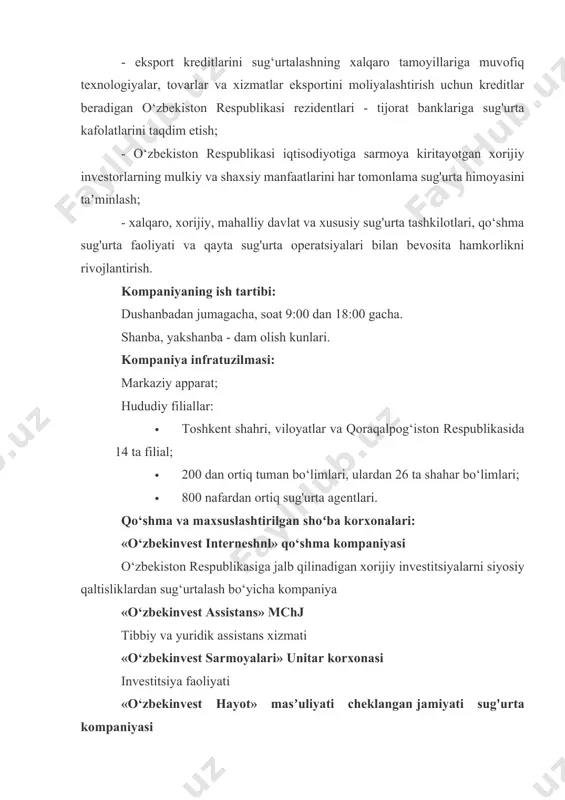 zimining iso 9001: 2015 yangi versiyasiga muvofiqligi sertifikatini oldi. moody‘s investors service (aqsh) xalqaro рейтинг agentligi 2019 yil 5 dekabrda “o‘zbekinvest” sug'urta kompaniyasining молиявий barqarorlik reytingi barqaror prognoz билан b1 dan ba3 ga ko‘tarilganligini rasman eʼlon qildi. “o‘zbekinvest” sug'urta kompaniyasi «moody‘s investors service (aqsh)» xalqaro рейтинг agentligi tomonidan “ba3” xalqaro молиявий barqarorlik reytingiga ega bo‘lgan o‘zbekiston bank-moliya sohasidagi birinchi kompaniya bo‘ldi. ahbor-reyting agentligi 2020 yildagi faoliyat natijalariga ko‘ra kompaniyaga milliy miqyosdagi "uza ++" darajasida “barqaror” istiqboli reytingini tasdiqladi. «am best» xalqaro рейтинг agentligi o‘bekiston sugurta bozorida birinchi marta “o‘zbekinvest” eksport-import sugurta kompaniyasi aksiyadorlik jamiyatiga b darajasidagi va “barqaror” prognozi билан “bb” darajasidagi reytingni taqdim etdi kompaniyada mijozlar uchun sifatli xizmat ko`rsatuvchi malakali mutaxassislar ishlaydi: - sug'urta qoplamasi narxi va sifatining maqbul kombinatsiyasi; - majburiyatlarga qatʼiy amal qilish va harakatlar samaradorligi; - har bir mijozning talab va ehtiyojlariga individual yondoshish; - zamonaviy sug'urta texnologiyalari va turli sug'urta dasturlari; - xalqaro sifat …