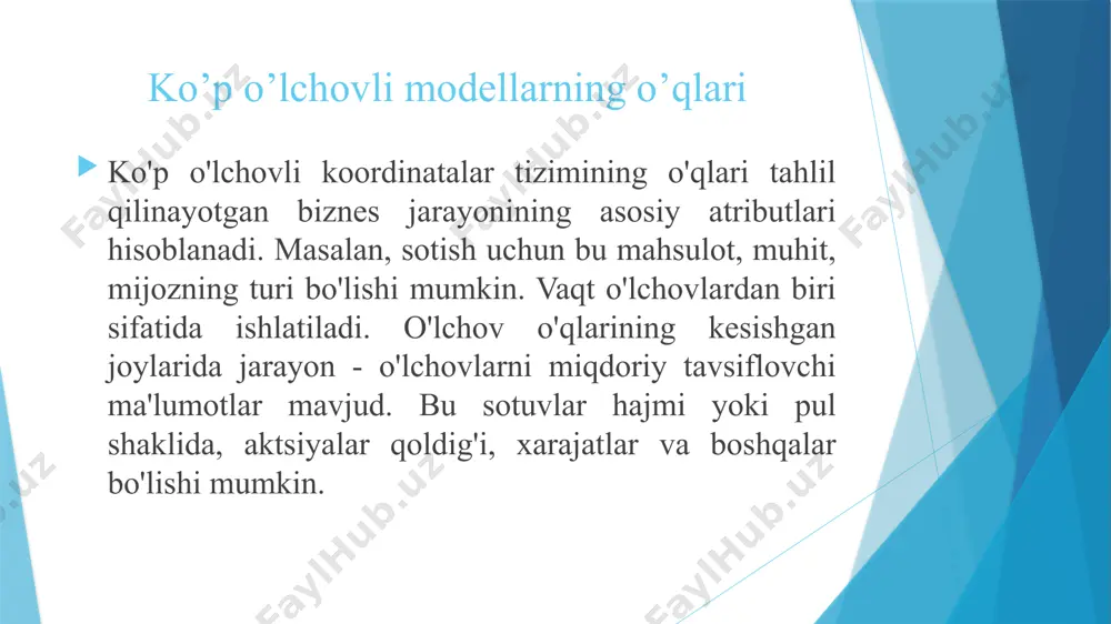 alitik modelning hujayralariga alohida ta'sir ko'rsatish orqali qo'llanilishi kerak va foydalanuvchi interfeysi yordamida menyu tizimidan yoki boshqa bir nechta harakatlardan foydalanishni talab qilmasligi kerak. analitik modelda belgilangan o'lchovlar bo'yicha foydalanuvchilarning nuqtai nazari yuqoridagi amallarni bajarish uchun zarur bo'lgan barcha ma'lumotlarni o'z ichiga olishi kerak. 11. hisobotning moslashuvchan variantlari. bir-birlari bilan vizual ravishda taqqoslanadigan ma'lumotlarning satrlari, ustunlari va kataklari bir-biriga yaqin bo'lganda yoki korxonada sodir bo'ladigan ba'zi mantiqiy funktsiyalarga ko'ra ma'lumotlarni tahlil qilish va taqdim etish juda oson. hisobot vositalari har qanday mumkin bo'lgan yo'nalishda ma'lumotlar modeli natijasida olingan sintezlangan ma'lumotlarni yoki ma'lumotlarni aks ettirishi kerak. bu shuni anglatadiki, qatorlar, ustunlar yoki sahifalar bir vaqtning o'zida 0 dan n gacha bo'lgan o'lchamlarni ko'rsatishi kerak, bu erda n butun analitik modelning o'lchamlari soni. bundan tashqari, bitta yozuvda, ustunda yoki sahifada ko'rsatilgan har bir tarkibiy o'lchov, shuningdek, o'lchamdagi elementlarning (qiymatlarning) har qanday to'plamini istalgan tartibda ko'rsatishga qodir bo'lishi kerak. 12. chegaralanmagan o'lchov va …