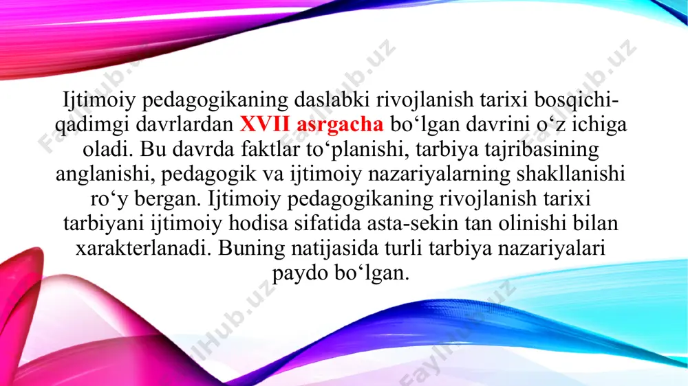 ijtimoiy pedagoglar bo‘lib, ular tashkil etgan maktablar shuningdek, boshqa pedagoglar tajribalariga tayanganlar. a.avloniy nomidagi x.g.chernishevskiy nomidagi bolalar tajriba maktablari va boshqa muassasalar ijtimoiy pedagogikaning amaliy manbai bo‘lib hisoblanadilar. ijtimoiy pedagogikaning fan sifatida vujudga kelishida xx asr 20-30-yillari alohida o‘rin tutadi. bu davrda a.avloniy, a.shokuriy, m.qori abdurashidov, x.x.niyoziy, v.f.lubensova, n.p.arxangelskiy, a.sharafuddinov kabi pedagoglarning faoliyati muhim ahamiyatga molik. ular avvalo,ijtimoiy izdan chiqib ketayotgan bolalarga yordam ko‘rsatish, ya’ni bu allomalar aynan ijtimoiy pedagoglar bo‘lib, ular tashkil etgan maktablar, shuningdek, boshqa pedagoglar tajribalariga tayanganlar (almoiy nomidagi, n.g.chernishevskiy nomidagi bolalar tajriba maktablari va boshka muassasalar ijtimoiy pedagogikaning amaliy manbai bo‘lib hisoblanadilar). biroq o‘zbekistonda ijtimoiy pedagogikaning rivoji amalga oshmadi. bunda avvalo, yangi ittifoq sovet pedagogikasi va o‘sha davr pedagogikasi o‘rtasida ajralish yuzaga keldi. uzoq yillar mobaynida o‘zbek ma’rifatparvarlari-pedagoglari tomonidan to‘plangan barcha bilimlar inkor etilgandi. pedagogikada shunday shior keng tarqalgandi: “olam zo‘ravonlikdir, biz uni ildizi bilan qo’paryapmiz”. 1991-yil o‘zbekiston respublikasi mustaqilligi e’lon qilinishi bilan pedagogikaning ko‘pgina sohalarini, …