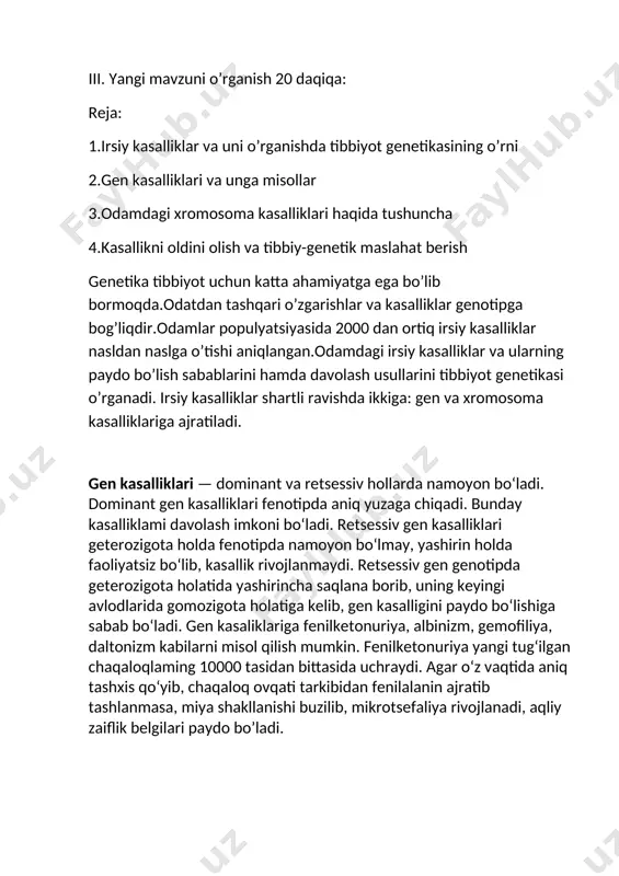 salligi retsessiv genlarni gomozigota holatga o‘tishi natijasida paydo bo‘ladi. bu kasallik odamlar orasida 10000 tadan bittasida yoki 200000 tadan bittasida uchrashi mumkin. bu kasallik terida pigmentlar bo‘lmasligi, sochlari oq va ko‘rish qobiliyatida kamchiliklar bo‘lishi, quyosh nuriga juda ta’sirchan bo‘lishi bilan farqlanadi. gemofiliya va daltonizm kasalliklari jinsiy x- xromosomaga birikkan holda nasldan naslga o‘tadi. albinizm bilan kasallangan bemor gemofiliya kasalligining nasllarda namoyon bo’lishi xromosoma kasalliklariga — daun sindromi, кlaynfelter sindromi, shershevskiy-terner sindromlarini misol qilish mumkin. xromosoma kasalliklari xromosoma soni va tuzilishining o‘zgarishi bilan bog‘liq. daun sindromi erkaklarda ham ayollarda ham uchraydi. bu kasallikning kelib chiqishiga asosiy sabab 21- juft xromosomaning bittaga oshib ketishi natijasida diploid to‘plam 47 ta bo‘lib qolishidir. bu kasallikning asosiy belgisi, bemorning boshi nomutanosib kichik, yuzi keng, ko‘zlari kichik va bir-biriga yaqin joylashgan bo‘ladi. og‘zi yarim ochiq, aqliy zaif, odatda bepusht, uzoq yashamaydi. bunday kasallarda yurak va yirik qon tomirlari nuqsoni ko‘p uchraydi. daun sindromi bilan kasallangan bolalarning …