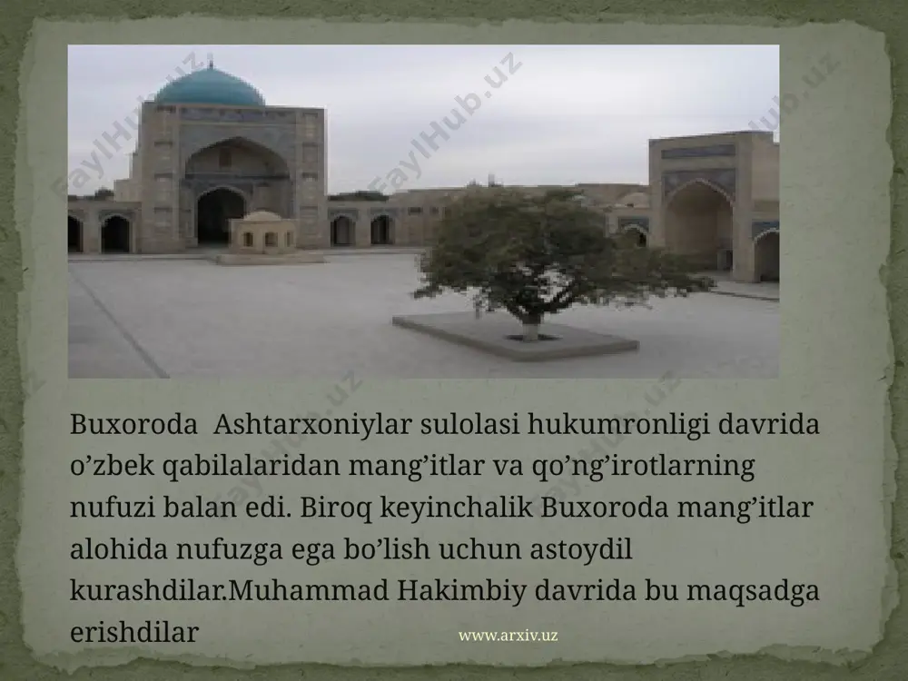 kan gumbaz 8 ta toqiga o’rnatilgan. undagi 16 ta darcha orqali bino ichiga yorug’lik tushib turadi. o’tmishda uning dalonlarida 36 ta zargarlik ustaxonasi va do’konlar bo’lgan.atrofiga savdo rastalari , ombor , karvonsaroylar qurilgan. toqi zargaron buxorodagi toqilarning eng yirigi va mujassamoti jihatdan murakkabi hisoblanadi toqi zargaron. www.arxiv.uz .vobkent minorasi- buxoro viloyati,vobkent shahridagi me’moriy yodgorlik.(xii asr) . 12 qirrali supa asosga o’rnatilgan g’o’la shaklida rangdor , pishiq g’ishtlardan qurilgan. yuqoriga aylanma zinapoya orqali chiqilgan.har bir qismi bir-biriga o’xshamaydigan qilib g’isht terib naqshlangan. quyisidagi naqshlar orasida qurilgan yili va qurdirgan shaxs(sadr burxoniddin abdulazizii) ning nomi yozilgan. minoraning uchi kengaytirilib qafasa ishlangan.tepasida 10 ta darcha bor. minoraning umumiy balandligi 40,3 metrni tashkil qiladi. vobkent minorasi www.arxiv.uz muhammad rahimxon ibn hakimbiy (1756-1758 ) amir doniyolbiy ibn xudoyorbiy (1758-1785) amir shohmurod ibn doniyolbiy (1785-1800) amir haydar ibn amir shohmurod (1800-1826) amir nasrullo ibn amir haydar (1826-1860) amir muzaffar ibn amir nasrullo (1860-1885) amir abdulahadxon ibn …