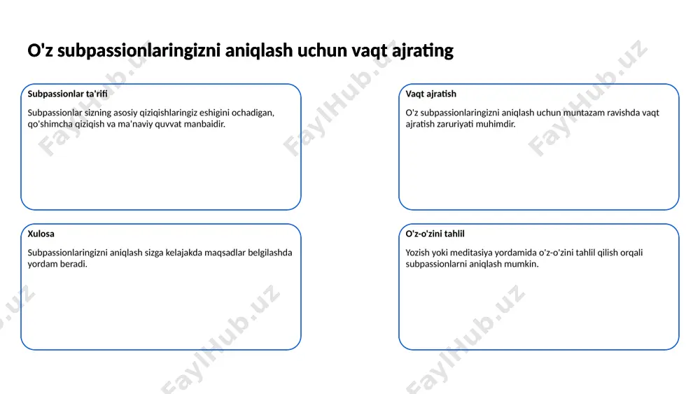 assion insonning qiziqishini, maqsadini oshirishga yordam beradi. o'z qiziqishlari bilan shug'ullanish motivatsiyani kuchaytiradi. passionlarni o'rganish motivatsiyani oshiradi o'rganish jarayoni passionlarni o'rganish jarayonida yangi ko'nikmalar va bilimlar shakllanadi. bu esa kelajakdagi muvaffaqiyatlarga zamin hozirlaydi. passionlarni o'rganish motivatsiyani oshiradi shaxsiy rivojlanish passionlarni o'rganish shaxsiy rivojlanish uchun muhimdir. bu insonning o'zini anglashini va o'zga qobiliyatlarini ochishga yordam beradi. passionlarni o'rganish motivatsiyani oshiradi 7 subpassionlar yangi imkoniyatlar yaratadi subpassion tushunchasi subpassion — bu insonning haqiqiy qiziqishlariga asoslangan faoliyat. bu soha ko'plab yangi g'oyalar va yaratish imkoniyatlarini taqdim etadi. subpassionlar yangi imkoniyatlar yaratadi yana imkoniyatlar subpassionlar karerada yangilik yaratadi. misol uchun, badiiy san'at yoki musiqada o'z iste'dodini rivojlantirish orqali yangi yo'nalishlarni ochish mumkin. subpassionlar yangi imkoniyatlar yaratadi ijtimoiy tarmoq bazasi subpassionlar ijtimoiy tarmoqlarda keng tarqalish imkonini beradi. bu bilan o'z qobiliyatlaringizni namoyish etish va yaxshi jamoalar bilan bog'lanish mumkin. subpassionlar yangi imkoniyatlar yaratadi rejalashtirish va rivojlantirish subpassion orqali o'zining shaxsiy brendini yaratish imkoniyati paydo bo'ladi. …
