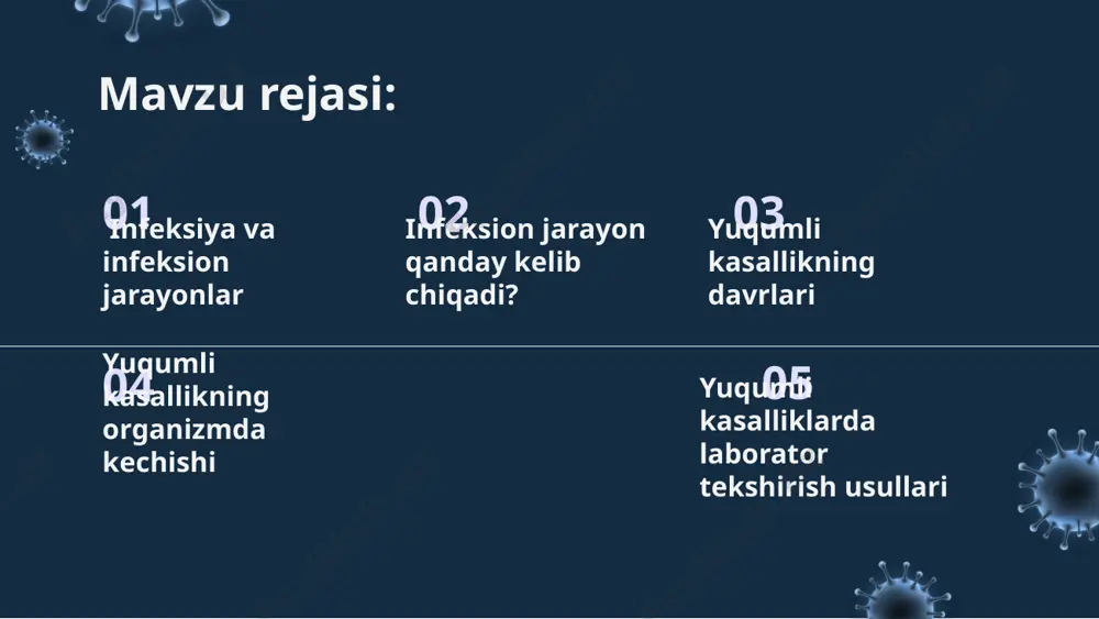 organizmdan tashqi muhitga chiqmaydi. agar organism tushgan mikrobni himoya omillari yordamida yengsa, unda kasallik rivojlanmasligi ham mumkin. boshlang’ich yoki prodromal davr yashirin davrdan so’ng prodromal davr boshlanadi. bu davrda pathogen mikrob o’ziga moyil a’zo yoki to’qimada ko’paya boshlaydi, agressiv ferment va toksinlar ishlab chiqaradi. prodnormal davr bir necha soaytdan bir necha kungacha davom etadi. bu davrda kasallikka xos umumiy belgilar: tana harorati ko’tarilishi, bosh og,rishi, darmonsizlik,lanj bo’lish, ishtaha yo’qolishi kabi belgilar paydo bo’ladi. kasallikning avj olish davri kasallikning avj olish davrida bemorda kasallikning asosiy belgilari namayon bo’ladi. bu davrda kasallik qo’zg’atuvchisi yanada ko’payib, organizmda gemotagen,limfogen, va neyrogen yo’llar bilan tarqaladi. bu davr turli kasalliklarda turlicha davom etadi va pathogen mikrob tutuvchi bemor atrofidagilar uchun xavfli hisoblanadi. shu bilan birga immmun tizim hujayralari kasallik qo’zg’atuvchisi bilan kurasha boshlaydi. agar kurashda pathogen organizm g’olib kelsa bemor nobud bo’lishi mumkin. aksincha organizm himoya omillari yengib chiqsa keying tuzalish davrdavriga o’tadi. tuzalish davri yoki …