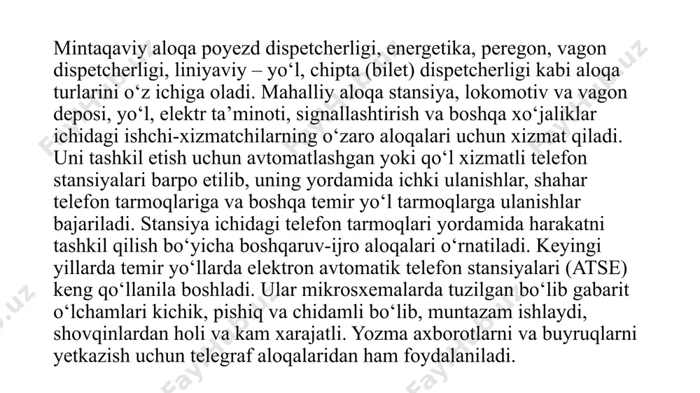 g qo‘llaniladi va ular ishlab chiqarish jarayonlari ustidan tegishli nazorat o‘rnatish imkonini beradi. televidenie quyidagi asosiy yo‘nalishlar bo‘yicha 258 qo‘llaniladi. televizion kuzatuv tizimlari stansiya, uning ayrim parklari, lokomotiv va vagon deposissexlarini ko‘rsatish uchun ishlatiladi. ular omborxonalar, saralash tepaliklari ishini kuzatish, yuk, pochta, bagaj va yo‘lovchi vagonlarida ortish jarayonlarini nazorat qilish imkonini beradi. harakat jarayonini qayd qiluvchi televizion tizimlar poyezdlarni stansiyaga qabul qilishda, poyezd tarkiblarini saralash parkidan jo‘natish parkiga olib o‘tishda yuk vagonlari raqamlarini o‘qish va qayd qilish uchun xizmat qiladi. poyezd relsli zanjirli nazorat uchastkasiga kirib kelaboshlagandayoq telekamera va videomagnitofon yoqiladi, vagonlar raqamini kuzatuvchi operatorga sekinlashtirib qayta o‘qiydi, yoki ma’lumotlarni ehm xotirasiga o‘tkazadi. /docprops/thumbnail.jpeg