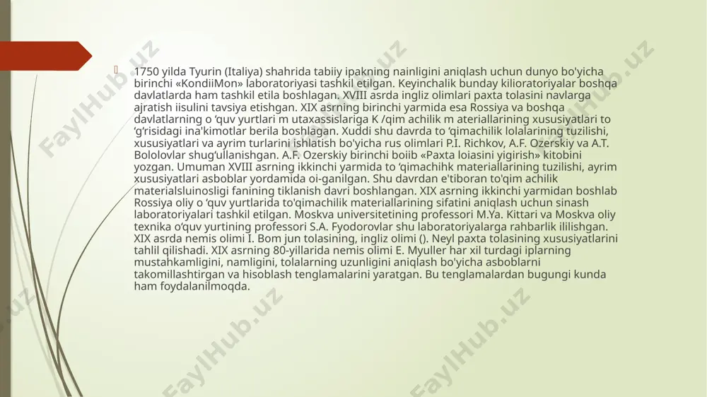 ateriallarining sifatini aniqlash bo 'y ich a yirik olim lar n .s. fyodorov, n.ya. kanarskiy, a.a. sinitsin, v.v. linde, v. ye. zotikov, v.s. fyodorov, a.n. solovev va boshqalar ishladilar. 1934 yili to'qimachilik ilmiy-tadqiqot instituti ayrim tarmoq ilmiy-tekshirish institutlariga bo'lindi. paxtaning xususiyatlari bo'yicha sn ix b i, poya p o 'stlo g 'id an olinuvchi tolalar bo'yicha, jun tolalari bo'yicha snii kimyoviy tolalar bo'yicha maxsus markaziy va butunittifoq ilmiy-tadqiqot institutlari tashkil etildi. shu davrda toshkentda paxta sanoati bo'yicha markaziy ilm iy tadqiqot in stitu tlari, tabiiy ipak(chilik) bo'yicha o'zbekiston ilmiy-tadqiqot instituti ochildi. bu institutlarning xodimlari paxta va tabiiy ipakning ishlab chiqarish texnologiyasini jadallashtirish, xom ashyo, tayyor mahsulotlarning sifatini tahlil qilish bo'yicha ilmiy-tadqiqot ishlarini amalga oshirdilar. o’zbekistonda to'qimachilik materialshunosligi fanining rivojlanishiga katta hissa qo‘shgan olimlardan: akademik ar m л i loiinova, x.u. usmonov va m.a. asqarov, professorlar m x xoimatov,v.v. yakovlev, g.i. boldinskiy va boshqalaming nnmh.rini hurmat bilan tilga olamiz. akademik m.a. …