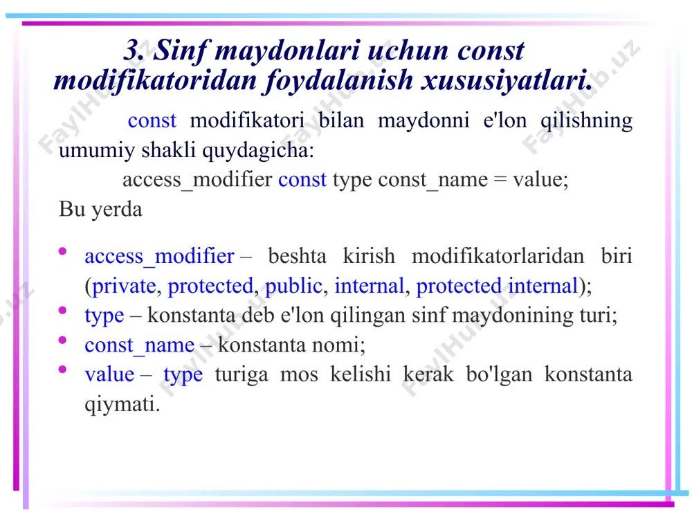 rini initsializatsiya qilish // massiv kamida 5 ta elementdan iborat bo'lishi kerak if (_count > count) count = _count; // readonly maydonlarini bir necha marta initsializatsiya qilish mumkin, faqat konstruktorda defaultvalue = 0.0; defaultvalue = _defaultvalue; // 2. massiv uchun xotira ajratish array = new double[count]; // 3. massivni defaultvalue qiymatlari bilan to'ldirish for (int i = 0; i < array.length; i++) array[i] = defaultvalue; } 16 6. пример применения модификатора readonly в классе // 1 ta parametrli konstruktor public myarrayfixed(int _count) : this(_count, 0.0) { } // sinf metodlarida qiymatni qayta o'rnatib bo’lmaydi void setdefaultvalue() { // defaultvalue = 2.5; - kompilyatsiyada xatolik } } 17 6. readonly modifikatorini sinfda ishlatishga misol class program { static void main(string[] args) { // sinflarda readonly maydonlaridan foydalanish // 1. myarrayfixed sinfining ob'ektini yaratish myarrayfixed af = new myarrayfixed(7, 3.5); // barcha ish konstruktorda bajariladi // 2. massiv va uning readonly maydonlarini …