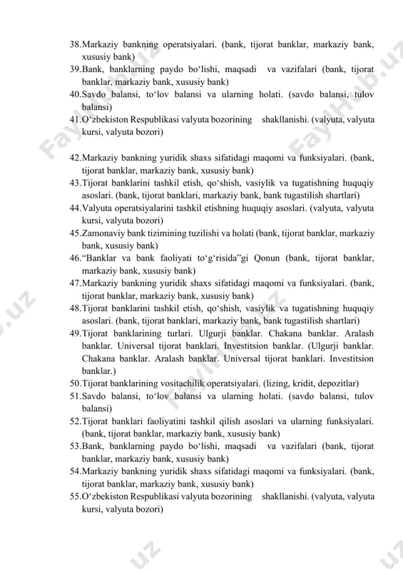 g vositachilik operatsiyalari. (lizing, kridit, depozitlar) 36. savdo balansi, to‘lov balansi va ularning holati. (savdo balansi, tulov balansi) 37. markaziy bankning yuridik shaxs sifatidagi maqomi va funksiyalari. (bank, tijorat banklar, markaziy bank, xususiy bank) 38. markaziy bankning operatsiyalari. (bank, tijorat banklar, markaziy bank, xususiy bank) 39. bank, banklarning paydo bo‘lishi, maqsadi va vazifalari (bank, tijorat banklar, markaziy bank, xususiy bank) 40. savdo balansi, to‘lov balansi va ularning holati. (savdo balansi, tulov balansi) 41. o‘zbekiston respublikasi valyuta bozorining shakllanishi. (valyuta, valyuta kursi, valyuta bozori) 42. markaziy bankning yuridik shaxs sifatidagi maqomi va funksiyalari. (bank, tijorat banklar, markaziy bank, xususiy bank) 43. tijorat banklarini tashkil etish, qo‘shish, vasiylik va tugatishning huquqiy asoslari. (bank, tijorat banklari, markaziy bank, bank tugastilish shartlari) 44. valyuta operatsiyalarini tashkil etishning huquqiy asoslari. (valyuta, valyuta kursi, valyuta bozori) 45. zamonaviy bank tizimining tuzilishi va holati (bank, tijorat banklar, markaziy bank, xususiy bank) 46. “banklar va bank faoliyati to‘g‘risida”gi …