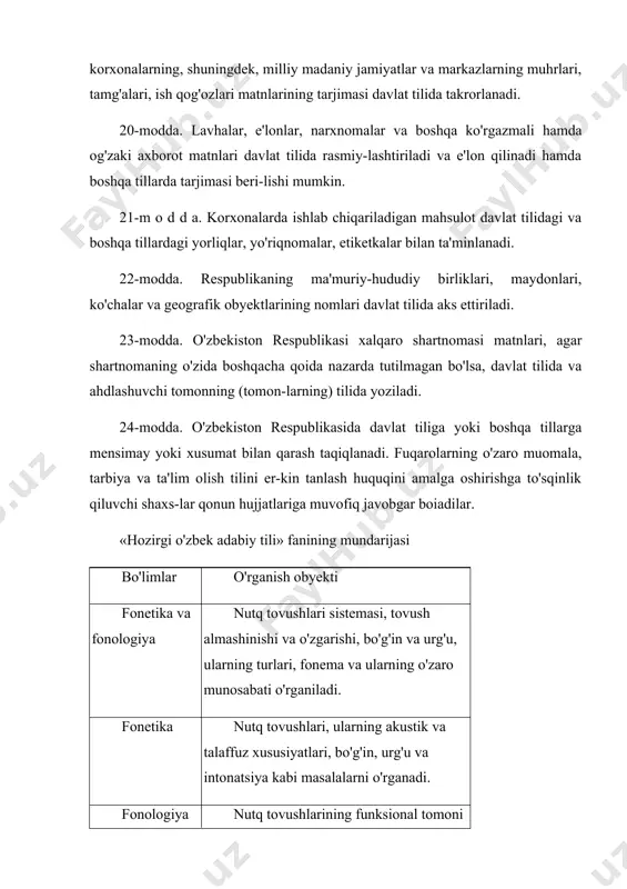 liklari, maydonlari, ko'chalar va geografik obyektlarining nomlari davlat tilida aks ettiriladi. 23-modda. o'zbekiston respublikasi xalqaro shartnomasi matnlari, agar shartnomaning o'zida boshqacha qoida nazarda tutilmagan bo'lsa, davlat tilida va ahdlashuvchi tomonning (tomon-larning) tilida yoziladi. 24-modda. o'zbekiston respublikasida davlat tiliga yoki boshqa tillarga mensimay yoki xusumat bilan qarash taqiqlanadi. fuqarolarning o'zaro muomala, tarbiya va ta'lim olish tilini er-kin tanlash huquqini amalga oshirishga to'sqinlik qiluvchi shaxs-lar qonun hujjatlariga muvofiq javobgar boiadilar. «hozirgi o'zbek adabiy tili» fanining mundarijasi bo'limlar o'rganish obyekti fonetika va fonologiya nutq tovushlari sistemasi, tovush almashinishi va o'zgarishi, bo'g'in va urg'u, ularning turlari, fonema va ularning o'zaro munosabati o'rganiladi. fonetika nutq tovushlari, ularning akustik va talaffuz xususiyatlari, bo'g'in, urg'u va intonatsiya kabi masalalarni o'rganadi. fonologiya nutq tovushlarining funksional tomoni—ma'no farqlash vazifasi: fonema, ularning tasnifi, fonemalar o'rtasidagi munosabat o'rganiladi. orfoepiya nutq birliklarining talaffuz me'yori va qoidalari o'rganiladi. grafi ka harf, alifbo, harf va fonema o'rtasidagi munosabat, haiflarning yozilish shakllari, turlari, so'zlardagi o'rni …