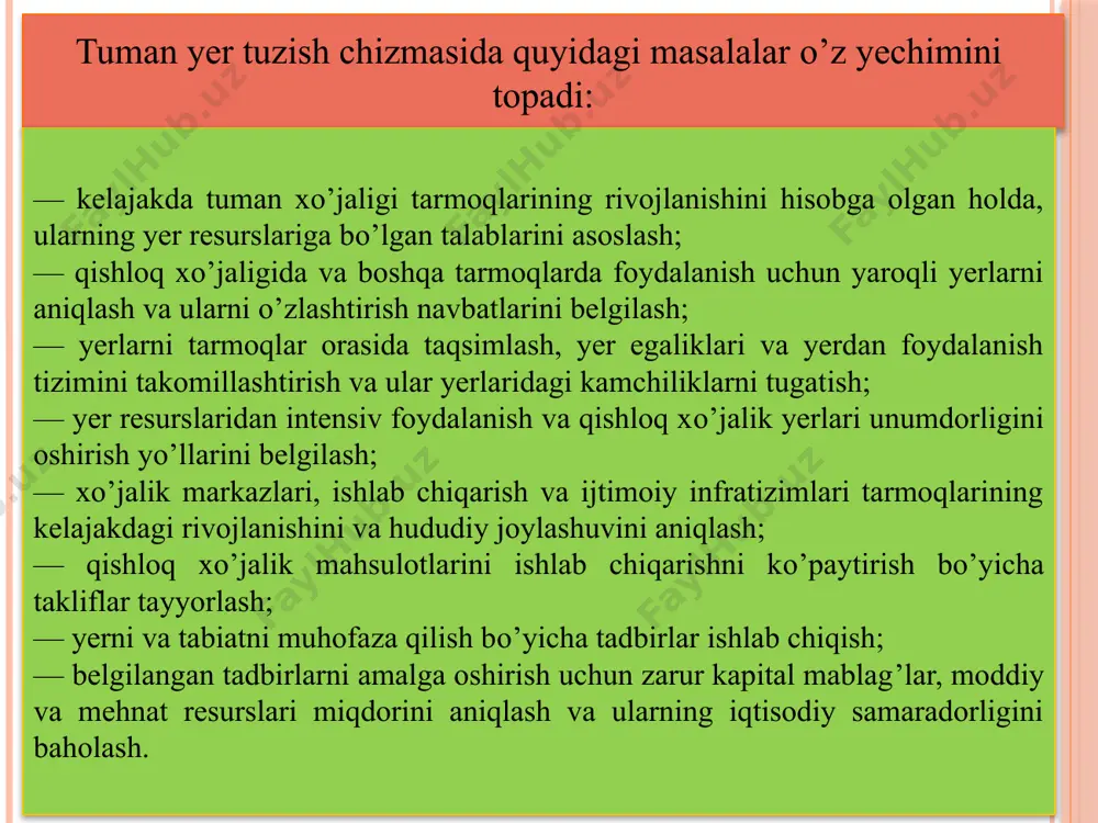 ari chegara belgilari bilan aniq belgilanganidan keyingina yer egalari va yerdan foydalanuvchilar o’z faoliyatlarini boshlashlari mumkin. tuman yer tuzish chizmalari va boshqa loyiha oldi hujjatlari asosida xo’jaliklararo va xo’jaliklarda ichki yer tuzish loyihalari ishlanadi komissiyaning xulosasi komissiya ma’muriy-hududiy tuzilish masalalari bo‘yicha kelib tushgan taklifni yoki iltimosnomani bir oy ichida ko‘rib chiqadi. komissiya ko‘rib chiqish va davlat yakunlariga ko‘ra xulosa tayyorlaydi. komissiyaning xulosasida ma’muriy-hududiy tuzilish masalalariga doir takliflarning yoki iltimosnomalarning asoslantirilganligi tahlili tegishli hududning ijtimoiy-iqtisodiy ko‘rsatkichlarini, joriy va istiqboldagi demografik (statistika tizim) ko‘rsatkichlarini, shuningdek kompleks rivojlantirishning istiqbolli rejalarini hisobga olgan holda aks ettirilishi kerak. alohida hollarda xulosani tayyorlash muddati komissiyani tashkil etgan davlat organlarining qarori bilan bir oydan ko‘p bo‘lmagan muddatga uzaytirilishi mumkin. komissiyaning ijobiy xulosasi ma’muriy-hududiy tuzilish masalalari bo‘yicha qaror qabul qilishga vakolatli bo‘lgan davlat organiga taqdim etiladi. salbiy xulosa chiqarilgan taqdirda, taqdim etilgan materiallar ma’muriy-hududiy tuzilish masalalari bo‘yicha taklif yoki iltimosnoma tayyorlagan davlat organiga maromiga yetkazish uchun qaytariladi. texnik-iqtisodiy …