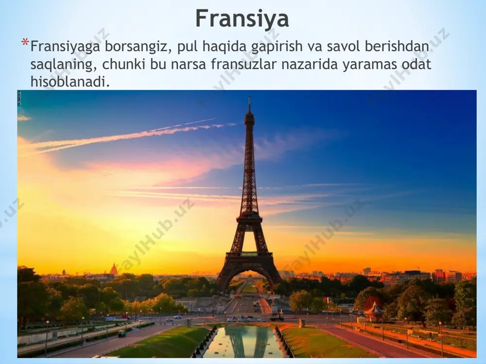 a farq bor. yo’lingiz tushib irlandiyaga borib qolsangiz, irlandiyaliklarning talaffuzida gapirishga harakat qilmang. turistlarning bunday aktsent bilan gapirishi ularga yoqmaydi. germaniya germaniyada tug’ilgan kun kirib kelmasidan oldin tabriklash ahloq doirasidan chetga chiquvchi odobsizlik hisoblanadi. germaniyaga sayohatga borish niyatingiz bo’lsa, buni bilib qo’yganingiz yaxshi. keniya keniyaga yo’lingiz tushib qolsa, shuni bilib qo’yingki, mahalliy aholi ularga familiyalarini aytib, murojaat qilishlarini yoqtirmaydilar. chili chilida qo’li bilan ovqat yeyish odobsizlik va befarosatsizlikdan dalolat beradi. chiliga boradigan bo’lsangiz, bunga aslo yo’l qo’ymang. singapur singapurda esa jamoat transportida biror narsani yeyish taqiqlanadi. shunday qilib qolsangiz, jarimaga tortilishingiz va atrofdagilarning nafratiga uchrashingiz mumkin. vengiriya vengriyada biror ziyofatga borib qolsangiz, aytilgan qadah so’zidan keyin bokallarni urishtirib yurmang. aks holda sizni ahloqsiz, deb hisoblashadi. xitoy xitoyga borsangiz, u yerdagi aholiga soat va soyabon hadya qilishdan saqlaning. murakkab xitoy tili fonetikasida “soat taqdim qilish” birikmasi “dafn marosimida qatnashish” degan so’z birikmasi bilan juda o’xshashib ketadi. shuning uchun soat taqdim qilar …