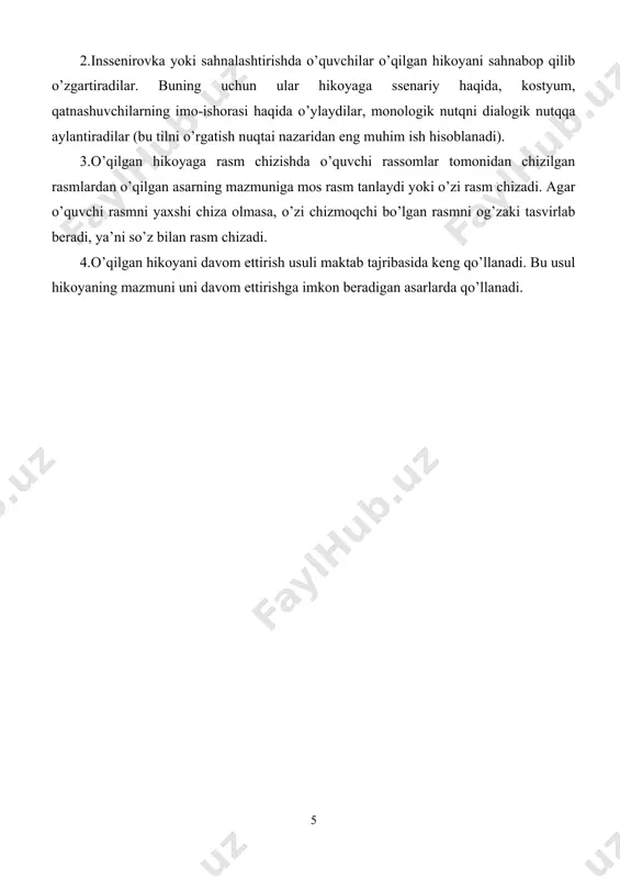 beradi, ya’ni so’z bilan rasm chizadi. 4.o’qilgan hikoyani davom ettirish usuli maktab tajribasida keng qo’llanadi. bu usul hikoyaning mazmuni uni davom ettirishga imkon beradigan asarlarda qo’llanadi. tekshirish uchun savol va topshiriqlar. 1. nutq va uning turlari haqida so’zlang. 2. og’zaki nutqni o’stirish yo’llarini ko’rsating. 3. yozma nutqni o’stirish vositalarini sanang. 4. og’zaki nutqni o’stirishda lug’at ishining o’rni. 5. lug’at ustida ishlash yo’llarini ayting. 6. 1- sinfda savol va topshiriqlar ustida ishlang. 7. 2- sinfda savol va topshiriqlar ustida ishlang. 8. 3- sinfda savol va topshiriqlar ustida ishlang. 9. 4- sinfda savol va topshiriqlar ustida ishlang. “o’qish darslarida texnika vositalaridan foydalanish” yoki “o’qish darslarida muzika” mavzusida axborot tayyorlang. o’qishdan “boshlang’ich ta’lim” jurnalida bosilgan maqolalar ro’yxatini tuzing. 10. “4- sinfda o’qish darslari” qo’llanganini izohlang. 11. “1- sinfda o’qish darslari” qo’llanganini izohlang. tayanch so’zlar: she’r, she’riy hikoya, lirik she’r, ritmik nutq, qofiya, ilmiy-ommabop maqolalar, tarixiy mavzu, umumlashtiruvchi dars, qayta hikoyalash, ijodiy qayta hikoyalash, …