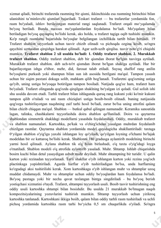 nadigan yig'indisi turli murakkablikdagi naqshni yoki biror yozuv matnini tarkib toptiradigan tirqishlar qilingan plastinkadir. trafaretdan ko'p karra takrorlanuvchi rasmlar, harflar, yozuvlarni olishda foydalaniladi. trafaretlar qurilishda, devorlarni bezashda, tayyor mahsulotlar turlarini markalashda keng qo'llaniladi. maktab amaliyotida trafaretlar qalin rasm qog'ozidan tavyorlanib unga rasm, naqsh, harflar aniq chiziqlar bilan tushiriladi. har bir detal yonidagi qismlar bilan ko'proq birlashishi lozim. rasm tushirilgan qog'ozga olif moy yoki moy laki singdiriladi. lak yoki olif moyi qurigach, qog'ozning ustini artib, rasmni o'yib olishga kirishiladi. trafaretni bir necha qavat keraksiz qog'oz solingan taxta ustiga qo'yib, qalamtaroshning uchi bilan olib tashlanishi lozim bo'lgan qismlari qirqiladi. qalamtaroshni qiyalatib ushlash lozim. mayda detallarni qirqishda chizmalarni tozalashda ishlatiladigan nayzasimon qirish perolaridan ham foydalanish qulaydir. trafaretlar xilma-xil: bir rangli qismlarni va ko'p bo'yoqli tasvirlarni berishga mo'ljallangan bo'lishi mumkin. ko'p bo'yoqli tasvirlarda rasm ranglar soniga ko'ra qismlarga ajratiladi. har bir rangda alohida trafaret tayyorlanadi. ko'p rangli rasmni bajarishda trafaretlar qo'llanilish tartibiga muvofiq raqamlanadi. …