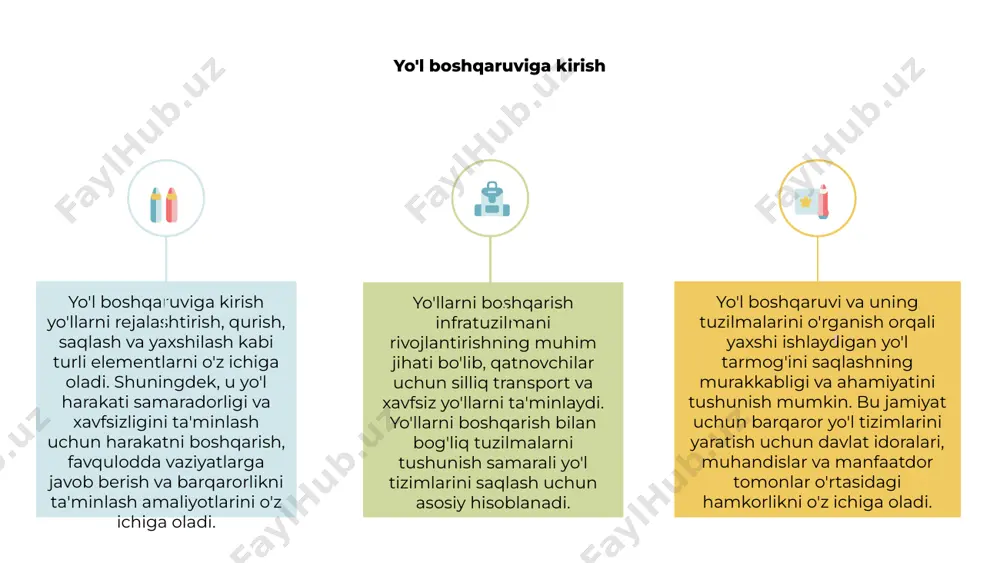 o'llarning shikastlanishini aniqlash va samarali yo'l boshqaruv strategiyalarini amalga oshirishda hal qiluvchi rol o'ynaydi. ilg'or sensorlar va ma'lumotlar tahlilidan foydalangan holda texnologiya real vaqt rejimida harakatlanish tartibi, ob-havo sharoiti va yo'l sharoitlari haqida ma'lumotlarni to'plashda yordam beradi. keyinchalik bu ma'lumotlar transport oqimini optimallashtirish, texnik xizmat ko'rsatish ehtiyojlarini aniqlash va umumiy yo'l harakati xavfsizligini yaxshilash uchun tahlil qilinadi. gps, harakatni boshqarishning avtomatlashtirilgan tizimlari va aqlli sensorlar integratsiyasi orqali texnologiya yo'llarni boshqarish jarayonlariga avtomatlashtirish va samaradorlikni olib keladi. bu proaktiv texnik xizmat ko'rsatish, tirbandliklarni boshqarish va favqulodda vaziyatlarga o'z vaqtida javob berish, pirovardida umumiy yo'l infratuzilmasini yaxshilash imkonini beradi. yo'l harakati xavfsizligi choralari va qoidalari 1 2 3 yo'l boshqaruvi barcha yo'l foydalanuvchilari uchun xavfsiz va samarali transportni ta'minlash uchun yo'llar va ularning turli tuzilmalarini rejalashtirish, loyihalash, qurish va saqlashni o'z ichiga oladi. yo'l harakati xavfsizligini ta'minlash bo'yicha chora-tadbirlar va qoidalar yo'llardagi baxtsiz hodisalar, jarohatlar va o'lim xavfini kamaytirish uchun tezlikni cheklash, …