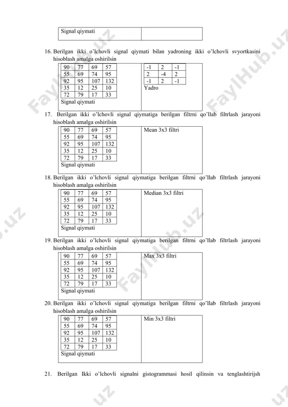 ing ikki o’lchovli svyortkasini hisoblash amalga oshirilsin 90 80 77 57 55 61 69 95 92 89 95 132 35 31 12 10 72 76 79 33 signal qiymati 1 1 1 1 -8 1 1 1 1 yadro 16. berilgan ikki o’lchovli signal qiymati bilan yadroning ikki o’lchovli svyortkasini hisoblash amalga oshirilsin 90 77 69 57 55 69 74 95 92 95 107 132 35 12 25 10 72 79 17 33 signal qiymati -1 2 -1 2 -4 2 -1 2 -1 yadro 17. berilgan ikki o’lchovli signal qiymatiga berilgan filtrni qo’llab filtrlash jarayoni hisoblash amalga oshirilsin 90 77 69 57 55 69 74 95 92 95 107 132 35 12 25 10 72 79 17 33 signal qiymati mean 3x3 filtri 18. berilgan ikki o’lchovli signal qiymatiga berilgan filtrni qo’llab filtrlash jarayoni hisoblash amalga oshirilsin 90 77 69 57 55 69 74 95 92 95 107 132 …