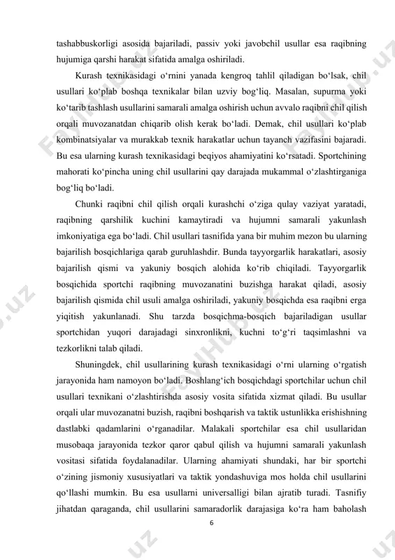 garlik bosqichida sportchi raqibning muvozanatini buzishga harakat qiladi, asosiy bajarilish qismida chil usuli amalga oshiriladi, yakuniy bosqichda esa raqibni erga yiqitish yakunlanadi. shu tarzda bosqichma-bosqich bajariladigan usullar sportchidan yuqori darajadagi sinxronlikni, kuchni to‘g‘ri taqsimlashni va tezkorlikni talab qiladi. shuningdek, chil usullarining kurash texnikasidagi o‘rni ularning o‘rgatish jarayonida ham namoyon bo‘ladi. boshlang‘ich bosqichdagi sportchilar uchun chil usullari texnikani o‘zlashtirishda asosiy vosita sifatida xizmat qiladi. bu usullar orqali ular muvozanatni buzish, raqibni boshqarish va taktik ustunlikka erishishning dastlabki qadamlarini o‘rganadilar. malakali sportchilar esa chil usullaridan musobaqa jarayonida tezkor qaror qabul qilish va hujumni samarali yakunlash vositasi sifatida foydalanadilar. ularning ahamiyati shundaki, har bir sportchi o‘zining jismoniy xususiyatlari va taktik yondashuviga mos holda chil usullarini qo‘llashi mumkin. bu esa usullarni universalligi bilan ajratib turadi. tasnifiy jihatdan qaraganda, chil usullarini samaradorlik darajasiga ko‘ra ham baholash mumkin. ba’zi usullar tezkor vaziyatlarda ko‘proq qo‘llanilsa, boshqalari uzoq davom etadigan kurash jarayonida foydali bo‘ladi. masalan, chaqqonlik va tezkorlikni …