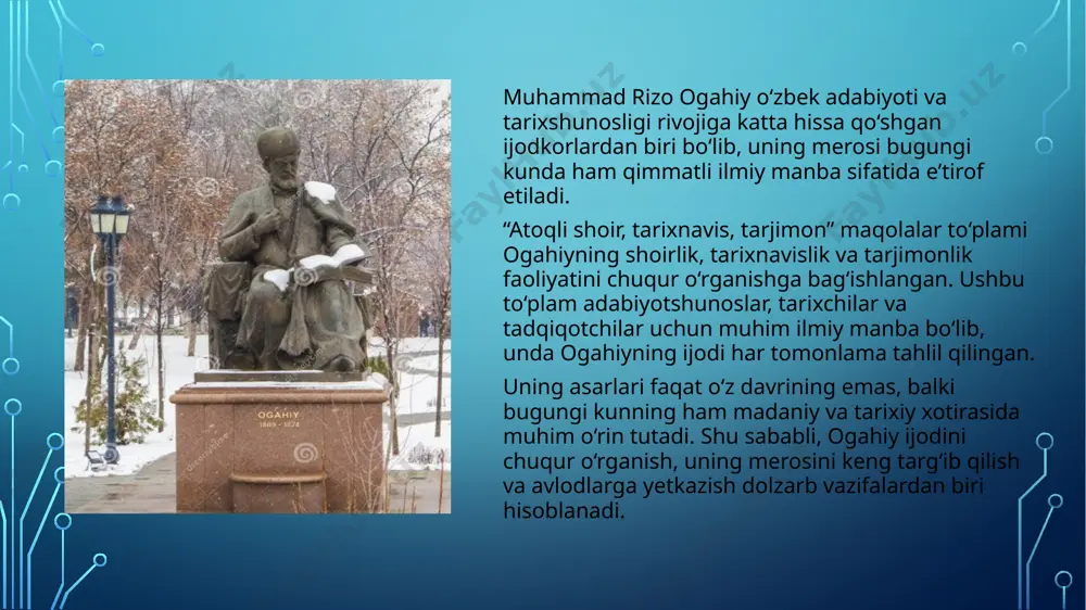 , tarjimalari hamda tarixiy asarlari qayta nashr etildi. xususan, “riyoz ad-davla”, “zubdat at-tavorix” va “jome’ ul-voqeot” kabi asarlari ilmiy izohlar bilan chop etilib, tarixnavis sifatidagi faoliyati keng o‘rganildi. shuningdek, ogahiy ijodi bo‘yicha adabiyotshunoslar va tarixchilar tomonidan turli tadqiqotlar olib borilib, ilmiy konferensiyalar tashkil etildi. xorazm viloyatida uning ijodiy merosini o‘rganishga bag‘ishlangan maxsus anjumanlar o‘tkazilib, uning o‘zbek adabiyoti va tarixshunosligidagi o‘rni yanada mustahkamlandi. ilmiy tadqiqotlar markazida bo‘ldi. 1. akademik tadqiqotlar o‘zbekiston fanlar akademiyasi va oliy o‘quv yurtlarida ogahiy ijodi bo‘yicha ilmiy izlanishlar olib borildi. xususan, uning tarixnavislik va tarjimonlik faoliyati bo‘yicha maxsus tadqiqotlar amalga oshirildi. olimlar ogahiy she’riyatidagi badiiy uslub, mavzular va ruhiy-estetik yo‘nalishlarni chuqur o‘rgandilar. 2. nashr va tarjimalar istiqlol davrida ogahiy asarlari qayta nashr qilinib, xalq orasida keng tarqaldi. uning ayrim asarlari xorijiy tillarga tarjima qilinib, xalqaro miqyosda tanitildi. shoirning tarixiy asarlari va she’riy devonlari ilmiy izohlar bilan chop etildi. 3. ilmiy anjumanlar va konferensiyalar shoir tavalludining yubileylari doirasida …