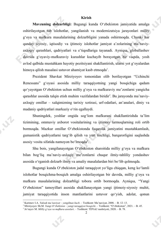 va ijtimoiy tarmoqlarning roli ortib bormoqda. mazkur omillar o‘zbekistonda fuqarolik jamiyatini mustahkamlash, gumanistik qadriyatlarni targ‘ib qilish va yurt tinchligi, barqarorligini saqlashda asosiy vosita sifatida namoyon bo‘lmoqda . shu bois, yangilanayotgan o‘zbekiston sharoitida milliy g‘oya va mafkura bilan bog‘liq ma’naviy-axloqiy me’zonlarni chuqur ilmiy-tahliliy yondashuv asosida o‘rganish dolzarb ilmiy va amaliy masalalardan biri bo‘lib qolmoqda. bugungi kunda o‘zbekiston jadal taraqqiyot yo‘liga chiqqan, keng ko‘lamli islohotlar bosqichma-bosqich amalga oshirilayotgan bir davrda, milliy g‘oya va mafkura masalalarining dolzarbligi tobora ortib bormoqda. ayniqsa, “yangi o‘zbekiston” tamoyillari asosida shakllanayotgan yangi ijtimoiy-siyosiy muhit, jamiyat taraqqiyotida inson manfaatlarini ustuvor qo‘yish, adolat, qonun ustuvorligi kabi qadriyatlarni mustahkamlashga qaratilgan islohotlar kontekstida bu mavzu o‘zining nazariy va amaliy ahamiyatini yanada kuchaytirmoqda . milliy g‘oya va mafkuraviy me’zonlar – bu nafaqat ijtimoiy ongni boshqarish vositasi, balki jamiyatning ichki birligini, barqarorligini, ma’naviy immunitetini mustahkamlovchi muhim omildir. shu jihatdan olib qaralganda, yangilanayotgan o‘zbekiston sharoitida yoshlar tarbiyasi, ularning ijtimoiy faolligini oshirish, ongiga sog‘lom mafkurani singdirish …
