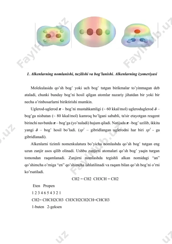 uruhlarining fazoda qanday joylashganligiga (geometriyasiga) bog’liq. agar uglerod atomlaridagi vodorod atomlari tekislikning bir tomonida joylashgan bo’lsa, sis- izomer, qarama-qarshi tomonida joylashgan bo’lsa trans- izomer deyiladi. h h h ch3 \ / \ / c = c c = c / \ / \ ch3 ch3 ch3 h sis-buten-2 trans-buten-2 alkenlarning birikish reaksiyalari barcha tirik organizmlarda va laboratoriyada keng tarqalgan. asosan bunda 1,2-o’rin almashgan digaloid birikmalar juda muhim hisoblanishadi. 2. alkenlarning olinishi alkenlarning olinish usullari. 1. neftni qayta ishlash vaqtida chiqadigan gazlardan olinadi. laboratoriyada spirtlardan (harorat ostida) sulfat kislota ishtirokida olinadi: ch3−ch2oh + hoso3h→ch3−ch2oso3h + h2o ch3−ch2oso3h→ch2 = ch2 + h2so4 sanoatda ham olefinlar spirtlardan suvni ajratib olish degidratlanish usuli bilan sintez qilinadi. spirt alken suv digaloid alkanlardan rux metalli ta'sirida olinadi: ch2cl – ch2cl + zn → ch2 = ch2 + zncl2 alkinlarga pt va pd katalizatorlari ishtirokida vodorod biriktirib olinadi: ch c–ch3 + h2→ch2=ch–ch3 150ºc ch3 ch3 → ch2 …