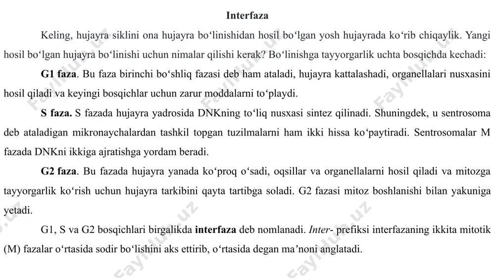 davri interfazani oʻtadi. interfazada dnk, oqsil, atf sintez boʻladi. natijada xromosomalardagi dnk miqdori ikki hissa ortadi. bu jarayon replikatsiya deyiladi. mitoz 4 ta faza: profaza, metafaza, anafaza, telofaza dan iborat. ushbu hujayra allaqachon interfazada (kech g2 faza) va dnk replikatsiyalangan, shuning uchun yadrodagi xromosomalar ikkita bir xil qiz xromatidalardan iborat. siz hozir xromosomalarni aniq koʻra olmaysiz, chunki ular hanuzgacha uzun, toʻrsimon va dekondensatsiyalangan shaklda. profazada xromosomalar spirallashib, yiriklasha boshlaydi; yadro membranasi va yadrocha yemirilib, xromosomalar sitoplazmaga tarkalib ketadi. profaza oxirida sentrosomalar hujayra qutblariga joylashib oladi; ular oʻrtasida mikronaychalardan iborat axromatin ipchalar paydo boʻlib, boʻlinish duki hosil boʻladi. metafazada xromosomalarning spirallashib yoʻgʻonlashuvi davom etadi. metafaza oxirida xromosomalar hujayra markazida boʻlinish oʻqi ekvatorida joylashib oladi. bu fazada har bir xromosoma 2 ta xromatildan iborat boʻlib, ular sentromerasi orqali oʻzaro birikkan, xromatidlar esa boʻlinish duki iplariga ilashgan boʻladi. anafazada xromatidlar oʻrtasidagi bogʻlanish uzilib, har bir xromosoma 2 ta mustaqil xromatidga ajraladi. axromatin ipchalar …