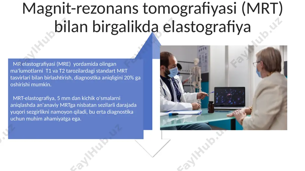 ida ifodalanadigan kvantitativ ma'lumotlarni beradi va bu diagnostika jarayonini ob'ektivlashtiradi, shifokorlarga aniqroq qaror qabul qilishga yordam beradi. xulosa elastografiyasi turli xil organlar va to'qimalarning ( jigar, sut bezlari, prostata va boshqalar) patologik o'zgarishlarni, jumladan, 2 mm dan kichik o'smalarni aniqlashda yuqori sezuvchanlikni namoyon etadi. elastografiyaning asosiy turlari elastografiyaning asosiy turlaridan biri bo'lgan siqish elastografiyasi (compression elastography), to'qimalarning qattiqlik darajasini aniqlash uchun tashqi kuch yordamida 2d yoki 3d tasvirlarni hosil qiladi va 1-5 kpa oralig'idagi qattiqlik koeffitsiyentlarini o'lchaydi. shikastlangan to'qimalarning aniqlanishini yaxshilash uchun real vaqtda ma'lumotlarni qayta ishlash imkoniyatiga ega bo'lgan strain elastografiyasi, to'qima deformatsiyasining nisbiy darajasini o'lchab, taxminan 10-30% oralig'ida o'zgarishlarni aniqlaydi. elastografiyaning afzalliklari va kamchiliklari elastografiya, biopsiyaga nisbatan 10-20% kam invaziv bo'lib, bemorlar uchun noqulaylikni sezilarli darajada kamaytiradi va tekshiruvdan keyingi asoratlar xavfini minimal darajada ushlab turadi. yuqori aniqlikdagi tasvirlarni 5-10 soniya ichida olish imkoniyati, real vaqt rejimida to'qima qattiqligi o'zgarishini kuzatish va diagnostika jarayonini tezlashtirishga yordam beradi. jigar …