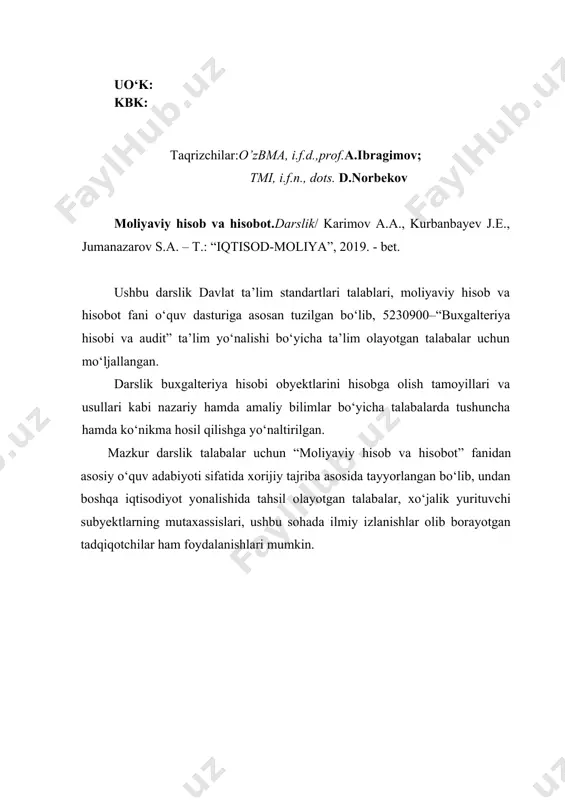 m mamlakatlar o‘rtasida erkin harakatlanishi zarurligi buxgalteriya hisobi tizimini jahon standartlariga ko‘chirishni yanada qattiqroq talab qilmoqda. o‘zbekiston respublikasi prezidentining 2017 yil 7 fevraldagi 4947-sonli farmoni bilan tasdiqlangan “2017-2021 yillarda o‘zbekiston respublikasini rivojlantirishning beshta ustuvor yo‘nalishi bo‘yicha harakatlar strategiyasi” jamiyat hayoti barcha sohalari uchun asosiy dasturamal bo‘lib hisoblanadi.[footnoteref:2] [2: o‘zbekiston respublikasi prezidentining 2017 yil 7 fevraldagi 4947-sonli farmoni o‘zbekiston respublikasini yanada rivojlantirish bо‘yicha harakatlar strategiyasi “o‘zbekiston respublikasi qonun hujjatlari tо‘plami”, 2017 yil 13 fevral, 6-son, 70-modda.] mamlakatni yanada rivojlantirish va rivojlangan davlatlar darajasiga etkazish maqsadida qabul qilingan ushbu hujjatning uchinchi yo‘nalishida belgilangan iqtisodiyotni rivojlantirish va liberallashtirishning ustuvor yo‘nalishlari borasidagi vazifalar ijrosi tayyorlanayotgan kadrlar sifatiga ham bog‘liqdir. bunday ustuvor vazifani bajarish iqtisodiyotning rivojlanishini zamon talablariga moslashtirib, takomillashtirib borishni taqozo etadi. har bir xo‘jalik yurituvchi subyekt o‘z faoliyatining foydalilik darajasini doimo tahlil qilishga va amalga oshirilayotgan jarayonlarning hisobini to‘g‘ri tashkil qilishlari zarur. bu sharoitda, buxgalteriya hisobi va tahlilning ahamiyati katta bo‘lib, ulardan yanada …