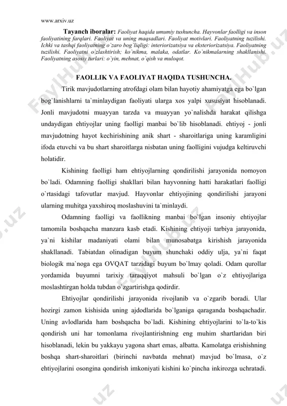 qodirdir. ehtiyojlar qondirilishi jarayonida rivojlanib va o`zgarib boradi. ular hozirgi zamon kishisida uning ajdodlarida bo`lganiga qaraganda boshqachadir. uning avlodlarida ham boshqacha bo`ladi. kishining ehtiyojlarini to`la-to`kis qondirish uni har tomonlama rivojlantirishning eng muhim shartlaridan biri hisoblanadi, lekin bu yakkayu yagona shart emas, albatta. kamolatga erishishning boshqa shart-sharoitlari (birinchi navbatda mehnat) mavjud bo`lmasa, o`z ehtiyojlarini osongina qondirish imkoniyati kishini ko`pincha inkirozga uchratadi. mehnat bilan yo`naltirilmaydigan tekinxo`rlik ehtiyojlari zid xulq-atvor (ba`zan esa jinoi hatti-harakat)ning manbai bo`lib qolishi mumkin va ayrim kishilarda shunday bo`lmoqda. jamiyat kishining tarbiyasiga nisbatan qo`yayotgan eng muhim talablardan biri mehnat qilish ehtiyojini ta`minlashdan iboratdir. ehtiyojlarning turlari. ehtiyojlar kelib chiqishiga va predmetiga ko`ra farqlanadi. kelib chiqishiga ko`ra ehtiyojlar tabiiy va madaniy bo`lishi mumkin. tabiiy ehtiyojlarda kishining o`zining hayoti va o`z avlodlari hayotini saqlash va davom ettirish uchun zarur bo`lgan shart-sharoitlarga bog`liqligi ifodalanadi. barcha odamlarda ovkatlanishga, suv ichishga, qarama-qarshi jinsning mavjud bo`lishiga, uxlashga, sovuqdan va haddan ziyod issiqdan saqlanishga va hokozolarga tabiiy …