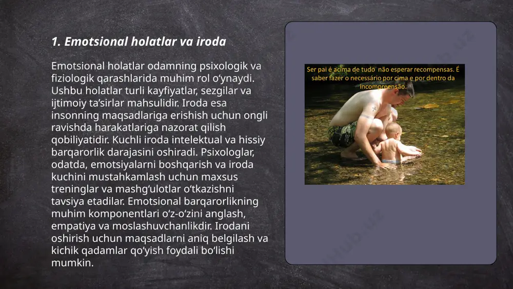 . t.me/slaydai_bot stressga qarshi iroda hosil qilish uchun bir qancha usullar mavjud. statistika bo'yicha, har kuni dunyo bo'ylab odamlarning 77% stressga duch keladi. meditatsiya va nafas olish mashqlari stressni 60% gacha kamaytirishi mumkin. haftasiga 150 daqiqa jismoniy mashg'ulotlar bilan shug'ullanish stress darajasini pasaytiradi. oziqlanish ham muhim: stressni boshqarishni istaganlar uchun omega-3 kabi sog'lom yog'lar foydali bo'lishi mumkin. yaxshi uyqu ham muhim rol o'ynaydi; yetarlicha uxlash stress darajasini 30% kamaytirishga yordam beradi. stress bilan kurashuvchi har bir inson individual usullarni sinab ko'rishi kerak. emotsional holatlar. iroda haqida tushuncha.shaxsning irodaviy sifatlari tursonava nilufar boltayeva ógilloy e'tiboringiz uchun raxmat! image1.png image2.png image3.png image4.jpg image5.png image6.jpg /docprops/thumbnail.jpeg