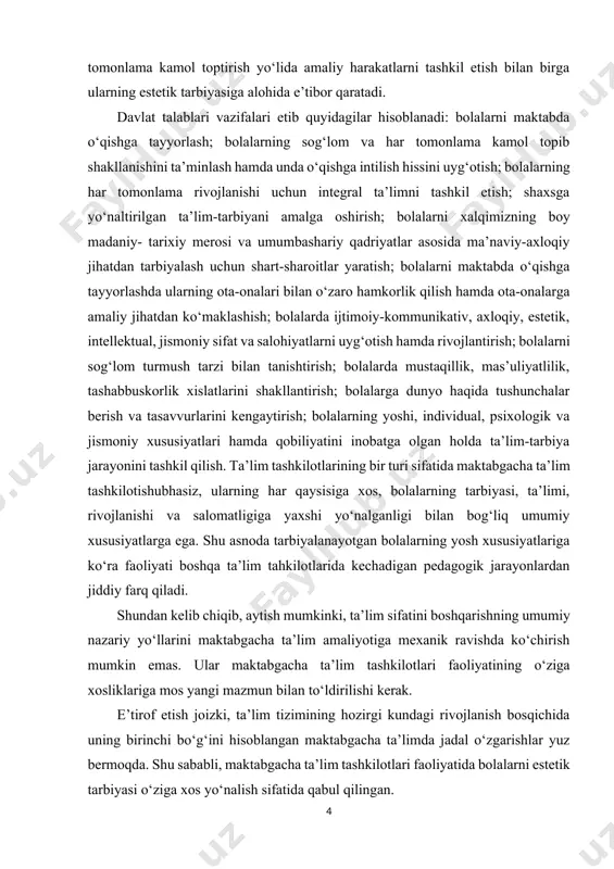 ga estetik munosabatni tarbiyalash kiradi. estetik tarbiya (nafosat tarbiyasi) - bu bolalarga voqelikdagi, san'atdagi, tabiatdagi, kishilarning ijtimoiy va mehnat munosabatlaridagi, turmushdagi go’zallikni idrok qilish hamda to’g’ri tushunishga o’rgatish, ularning badiiy didini o’stirish, ularda go’zallikka muhabbat uyg’otish va hayotga go’zallik olib kirish qobiliyatlarini tarbiyalashdir nozik didli bo’lish, go’zallikni fahmlay va qadrlay olish, badiiy madaniyatni tushunish, o’z hayotini go’zallik qonunlari asosida qura olish — komil insonning eng zarur fazilatidir. estetik tarbiya – eng avvalo har bir kishida badiiy hissiyot tuyg’ularini, badiiy didni tarbiyalashdir. ilmiy dunyoqarashga asoslangan nafosat, did, his-tuyg’ular va ko’nikmalarning o’sib borishi jarayonida insonning o’zi ham ma'naviy boyib, hayoti yanada sermazmun bo’ladi. yashayotgan zamoniga nisbatan mehr-muhabbati ortib boradi. bularning hammasi har bir insonda go’zallikni xunukdan, jirkanchlikdan farq qila bilish qobiliyatini shakllantiradi, uni yanada rivojlantiradi. estetik tarbiya bugungi kunda shunisi bilan muhimki, did-farosatlilik mehnatda, ishlab chiqarishda, kundalik amaliy faoliyatda - har bir inson uchun hayotiy shioriga aylanib qolgan. donolardan biri go’zallik axloq-odobning …